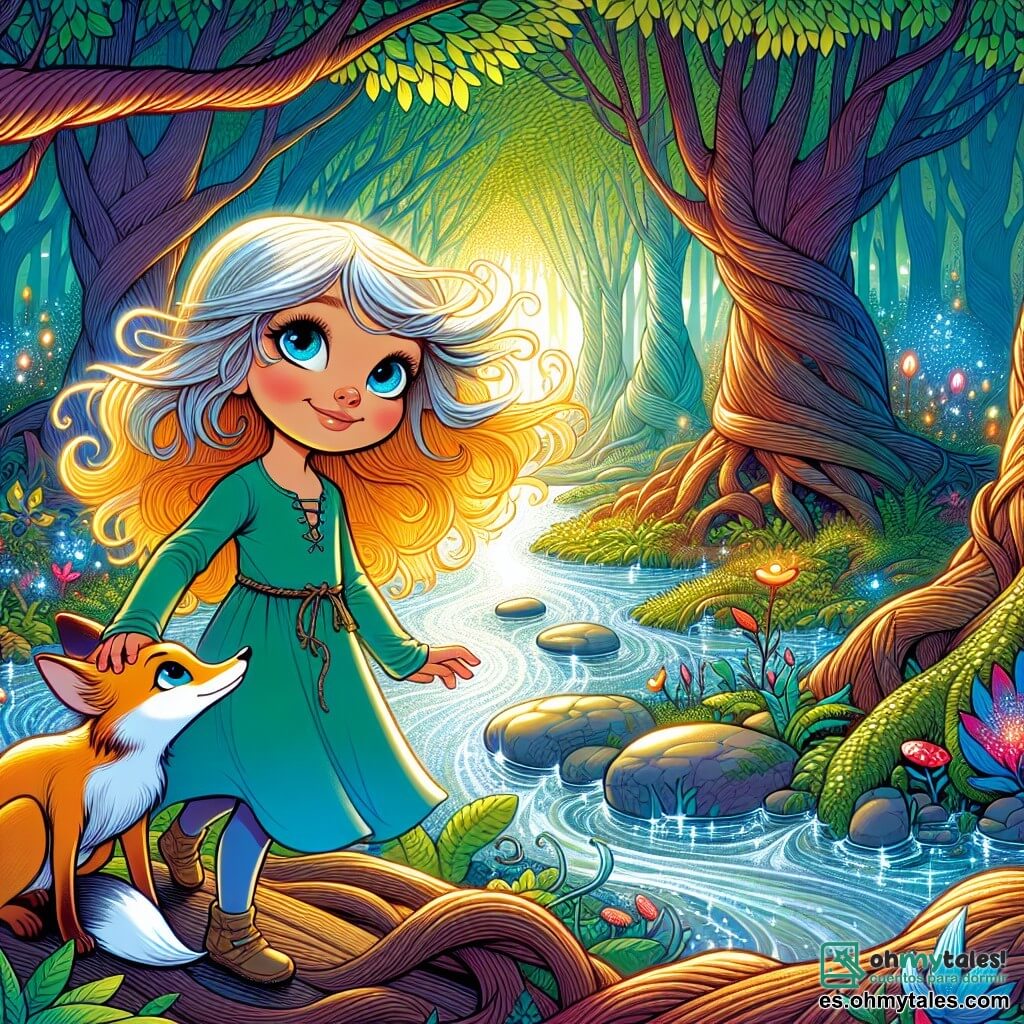 Una niña de 10 años, Lila, con grandes ojos brillantes y cabellos dorados que flotan al viento, se encuentra al borde de un arroyo reluciente. Expresa asombro y emoción, su sonrisa ilumina su rostro. A su lado, un zorro de pelaje azul brillante la observa con curiosidad, sentado sobre una piedra lisa, listo para acompañarla en su aventura. El lugar es un bosque encantado, donde árboles majestuosos con troncos retorcidos se elevan hacia el cielo, sus hojas de un verde brillante crean un techo de luz suave. Flores coloridas de formas extrañas salpican el suelo, mientras una ligera niebla danza entre los troncos. La situación principal muestra a Lila, de pie sobre un puente de ramas entrelazadas, dudando entre dos caminos misteriosos: uno lleva a un arroyo plateado y el otro a un sendero de piedras flotantes, mientras el viento murmura secretos a su alrededor.