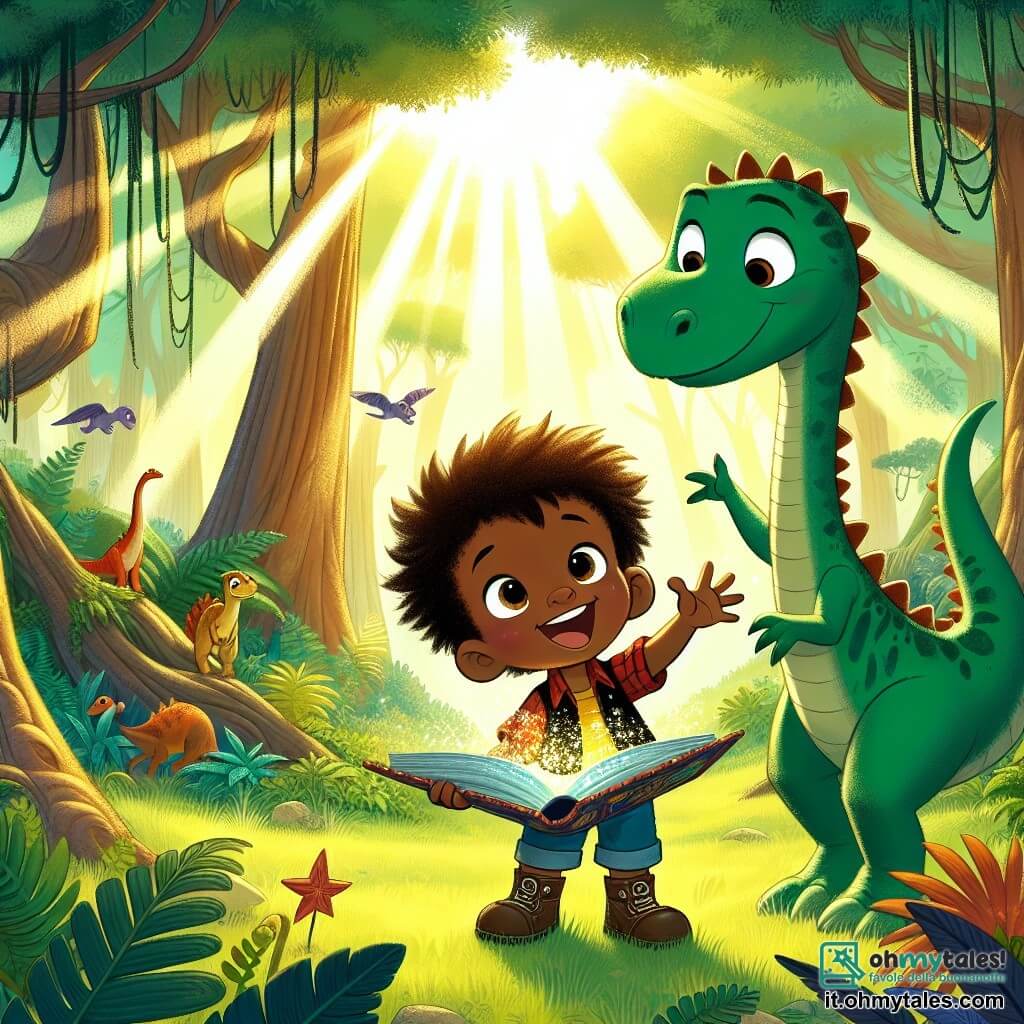 Leo, un ragazzo curioso con capelli castani disordinati e occhi brillanti di gioia, si trova davanti a un libro magico dalle pagine scintillanti, con le braccia aperte e un grande sorriso sul volto, pronto a vivere un'avventura incredibile. Accanto a lui, Dino, un grande dinosauro erbivoro dal collo lungo e squame verdi, si china verso Leo con uno sguardo amichevole e occhi dolci, mostrando il suo interesse per il bambino. Lo scenario è una foresta preistorica lussureggiante, piena di alberi giganti e felci, con raggi di sole che filtrano attraverso il fogliame, creando un'atmosfera incantata. Sullo sfondo, si possono vedere altri dinosauri che giocano pacificamente, aggiungendo magia al momento. La scena principale mostra Leo, meravigliato, mentre apre il libro magico, mentre Dino lo osserva con curiosità, pronto a mostrargli le meraviglie del suo mondo.