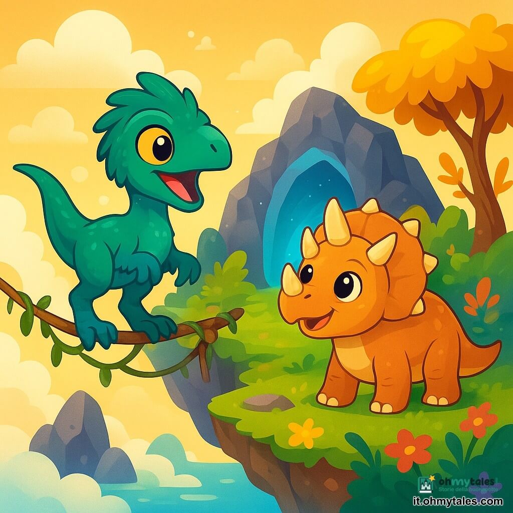 Un velociraptor dal piumaggio verde smeraldo, con occhi brillanti e curiosi, si trova su un ponte di liane, la sua espressione è di meraviglia ed eccitazione. Accanto a lui, un giovane triceratopo con corna lucenti e occhi dolci guarda con un sorriso gioioso, pronto a esplorare. Si trovano su un'isola galleggiante, circondata da nuvole soffici e fiori colorati che danzano al vento, con rocce scintillanti e alberi dalle foglie dorate. La scena mostra i due dinosauri che si avvicinano insieme a una grotta misteriosa, dove una luce azzurra irradia, chiamandoli a scoprire un tesoro nascosto.