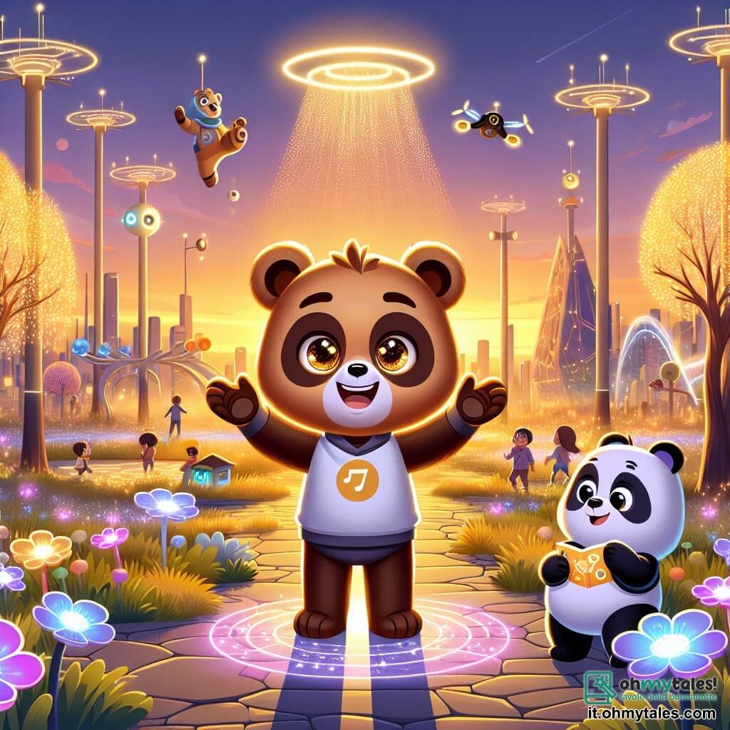 Milo, un giovane orso curioso con un pelliccia marrone e occhi scintillanti di eccitazione, si trova al centro di un parco futuristico, con le braccia alzate in segno di gioia, circondato da alberi-antenna che emettono note musicali colorate. Accanto a lui, Luna, una giovane panda con un pelliccia bianca e nera splendente, sorride con meraviglia, tenendo un libro parlante che fluttua leggermente sopra le sue mani. Il parco è pieno di fiori luminescenti e giochi interattivi, mentre sullo sfondo droni volanti distribuiscono snack ai bambini che ridono e giocano. La scena è immersa in una luce dorata del tramonto, creando un'atmosfera magica e gioiosa. Milo e Luna esplorano insieme il parco, scoprendo le meraviglie della tecnologia mentre si divertono, illustrando lo spirito di avventura e amicizia che regna in questa città futuristica.