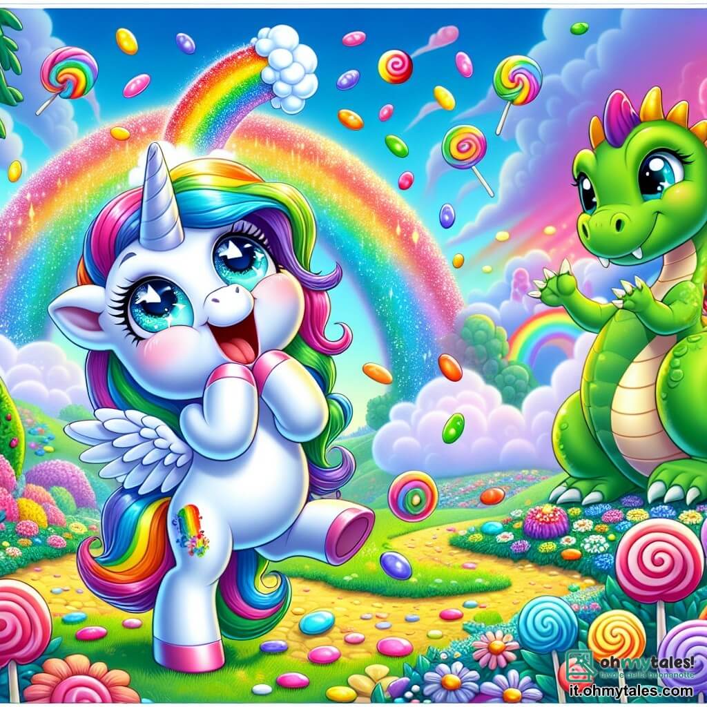 Al centro dell'immagine, una piccola unicorno di nome Lulù, con una criniera colorata come un arcobaleno e occhi pieni di curiosità, starnutisce gioiosamente, facendo piovere caramelle multicolori attorno a sé. Accanto a lei, un drago di nome Fumoso, con squame verdi e ali traslucide, sorride sputando nuvole di fumo colorato. Sullo sfondo, un magnifico paesaggio di Arcobalandia si estende: prati fioriti dai colori vivaci, alberi dai tronchi a spirale e nuvole a forma di caramelle fluttuano in un cielo blu splendente. La scena principale mostra Lulù che starnutisce, provocando una pioggia di caramelle che cadono come stelle cadenti, mentre Fumoso ride e applaude, creando un'atmosfera di festa e magia.