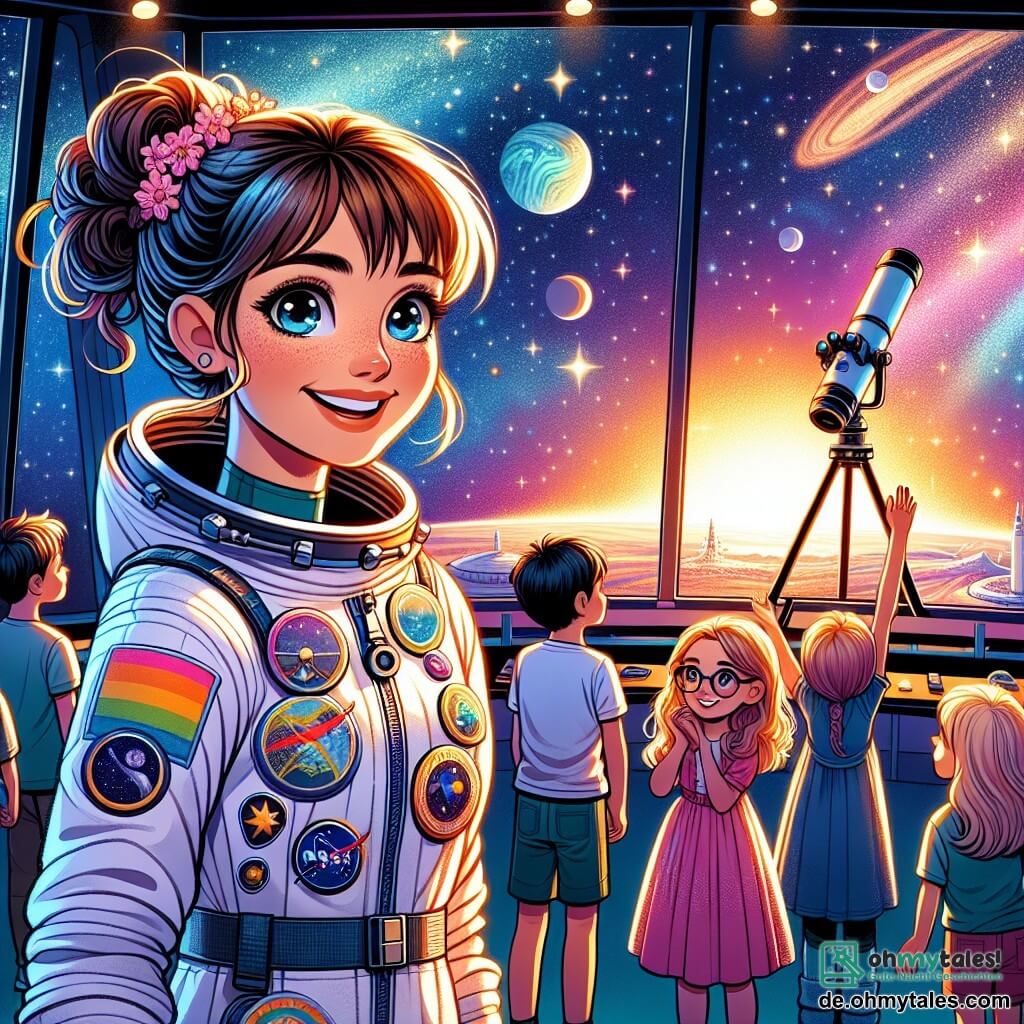 Im Mittelpunkt des Bildes steht die lächelnde Astronautin Lisa, eine etwa 30-jährige Frau mit braunen, zu einem Pferdeschwanz gebundenen Haaren. Sie trägt einen weißen Raumanzug, der mit lebhaften Farben und Erkundungsabzeichen geschmückt ist. Ihre Augen strahlen vor Aufregung, während sie durch ein großes Teleskop schaut und von den funkelnden Sternen fasziniert ist. Neben ihr steht eine Gruppe von vier Kindern, zwei Mädchen und zwei Jungen im Alter von 5 bis 7 Jahren, die im Kreis stehen. Das erste Mädchen mit blonden Haaren und einer Brille hebt die Hand, um eine Frage zu stellen. Der zweite Junge mit braunen Haaren und Sommersprossen schaut Lisa mit großen Augen an, voller Staunen. Das dritte Mädchen mit schwarzen Zöpfen lächelt fröhlich, während der vierte Junge mit kastanienbraunem Haar ein kleines Raketenmodell hält. Die Szene spielt sich in einem großen Beobachtungsraum der Raumstation ab, mit Panoramafenstern, die einen spektakulären Blick auf den Weltraum bieten. Man sieht leuchtende Sterne, bunte Planeten und einen wunderschönen Sonnenuntergang über der Erde am Horizont. In dieser Hauptsituation erklärt Lisa den faszinierten Kindern die Wunder des Universums, zeigt ihnen, wie sie das Teleskop benutzen können, um die Sterne zu beobachten, und teilt ihren Traum, Astronautin zu sein.