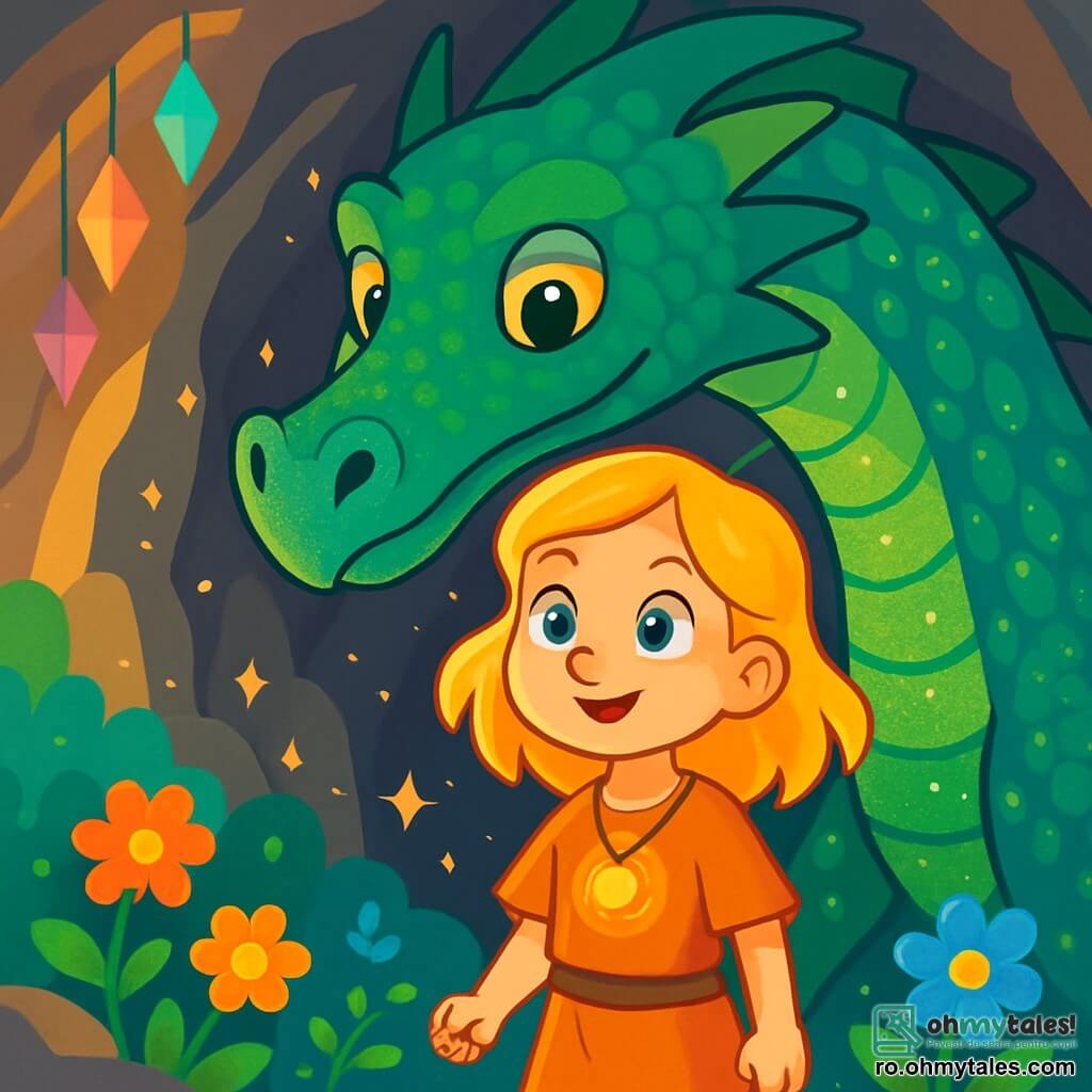 O fetiță pe nume Mira, în vârstă de aproximativ 10 ani, stă cu curaj la picioarele unui dragon imens cu solzi verzi și albaștri strălucitori. Mira are părul auriu care strălucește în soare și ochi plini de curiozitate. Ea poartă o tunică simplă și un mic talisman luminos la gât, iar fața ei exprimă atât determinare, cât și uimire. Dragonul, măreț și impunător, se află chiar în spatele ei, cu ochi profunzi și înțelepți care par să spună povești vechi. Corpul său este acoperit de solzi strălucitori, emanând o aură de putere blândă. Scena are loc într-o peșteră magică, plină de lumini strălucitoare și flori vibrante care cresc între stânci. Cristale strălucitoare atârnă de tavan, proiectând reflexii colorate pe pereții de piatră. Mira ascultă cu atenție dragonul, care îi povestește o poveste veche, în timp ce o briză ușoară face florile să danseze în jurul lor. Atmosfera este atât liniștită, cât și fermecată, plină de promisiuni de aventură și magie.