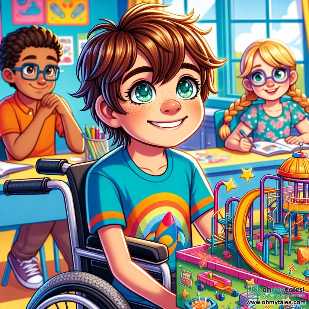 A 10-year-old boy, Oliver, is sitting in his wheelchair with a big, radiant smile on his face. He has messy brown hair and is wearing a bright blue t-shirt with a rocket design. His eyes sparkle with joy and excitement as he proudly shows off his science project, an accessible playground model with colorful ramps and interactive panels. Next to him, Mia, a 10-year-old girl with braided blonde hair, admires the project with stars in her eyes. She is wearing a flower dress and holding a marker, ready to add details to the model. Jake, a 10-year-old boy with glasses and brown hair, stands behind Oliver, taking notes in a notebook with a focused and enthusiastic look. The scene takes place in a bright classroom with yellow-painted walls and colorful posters about science and inclusion. Sunlight streams through the windows, illuminating the wooden desks and multicolored chairs. Oliver is presenting his science project to his classmates, surrounded by friends who are all captivated by his enthusiasm. The children are laughing and applauding, creating a joyful and encouraging atmosphere that symbolizes acceptance and friendship.
