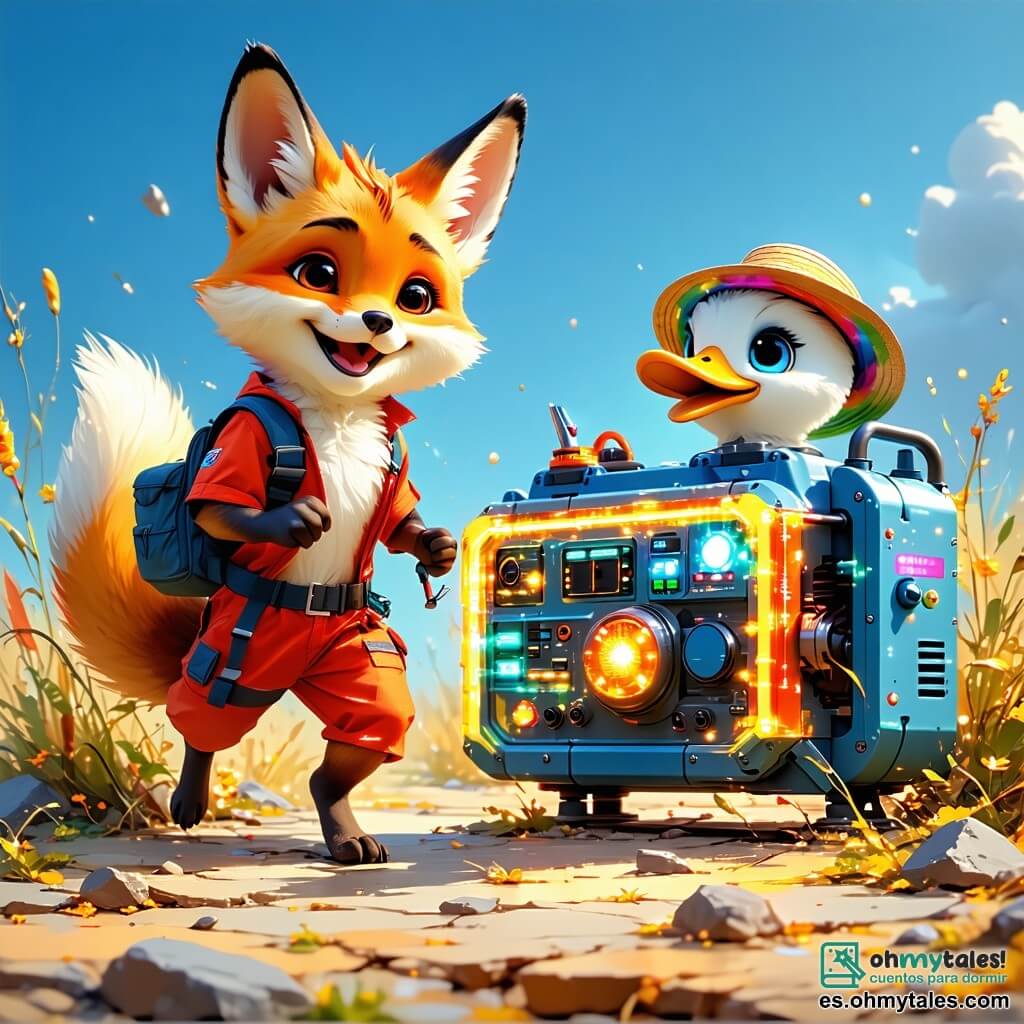 Rufi, un pequeño zorro de grandes orejas y pelaje naranja brillante, expresa una inmensa alegría con una amplia sonrisa, saltando de emoción frente a un generador brillante y futurista. A su lado, Ducky, un pato de plumas multicolores y sombrero de paja, mira a Rufi con admiración, sus ojos brillando de orgullo, mientras sostiene una pequeña herramienta con sus patas. Un poco más lejos, Chispa, una ardilla de ojos traviesos y con gorra de piloto, se mueve alrededor del generador, manipulando cables luminosos con sus pequeñas patas ágiles, su rostro concentrado. La escena se desarrolla en la ciudad de Neónia, donde edificios brillantes de metal y vidrio se elevan hacia el cielo, iluminados por neones coloridos y rodeados de jardines colgantes llenos de flores luminescentes. En el centro, el generador de energía, una enorme máquina con luces intermitentes y engranajes en movimiento, está rodeada de una atmósfera de urgencia y emoción. Rufi y sus amigos trabajan juntos para reparar el generador, sus rostros iluminados de esperanza y determinación, mientras se esfuerzan por salvar la ciudad de la inminente oscuridad.