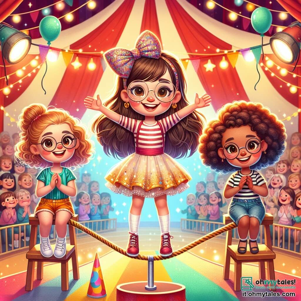Ci sono tre personaggi principali: 1. **Sofia**, una ragazza di 10 anni con lunghi capelli castani e occhi brillanti, indossa un vestito colorato e un grande sorriso. Si trova al centro dell'immagine, su una corda tesa, con un bilanciere scintillante tra le mani. 2. **Marta**, una ragazza di 10 anni con capelli biondi intrecciati e occhiali rotondi, è seduta su una sedia di legno, applaudendo con entusiasmo. Indossa una maglietta a righe e un pantaloncino di jeans, e il suo viso è illuminato dalla gioia. 3. **Chiara**, una ragazza di 10 anni con capelli ricci rossi e un grande fiocco colorato, si trova accanto a Marta, tenendo un piccolo trofeo di carta. Indossa un vestito a pois e sorride ampiamente, incoraggiando Sofia. La scena si svolge in un circo vibrante, con un grande tendone a strisce rosse e bianche sullo sfondo. Luci scintillanti illuminano lo spazio, e spettatori meravigliati riempiono le panchine. Palloncini colorati fluttuano nell'aria e coriandoli cadono dolcemente intorno a loro, creando un'atmosfera festosa. La situazione principale mostra Sofia mentre cammina con grazia sulla corda, mentre il funambolo, un uomo in costume scintillante, la osserva con ammirazione. Il pubblico è rapito, e l'atmosfera è carica di eccitazione e magia, illustrando il momento in cui Sofia scopre il suo talento nascosto.