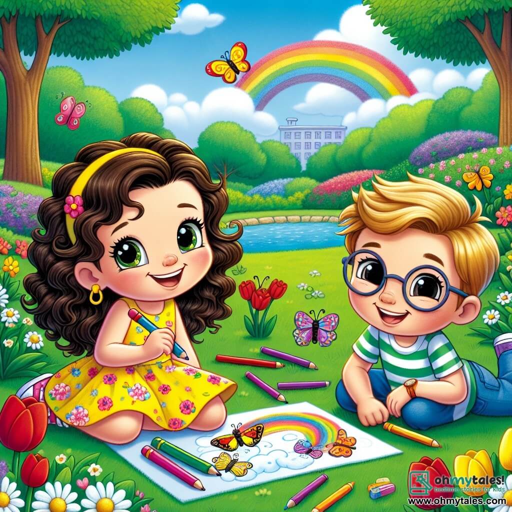 A 6-year-old girl, Mia, with curly brown hair and sparkling eyes, is sitting on the green grass of the park, a big smile on her face. She is wearing a bright yellow dress adorned with colorful flowers and holding a crayon in one hand, ready to draw. Next to her, her friend Ben, a 6-year-old boy with blonde hair and round glasses, is drawing a large rainbow on a piece of paper, looking focused. A little further away, Lily, a 5-year-old girl with straight black hair, is coloring butterflies with multicolored crayons, laughing joyfully. The park is filled with brightly colored flowers: red tulips, white daisies, and violets, while majestic trees provide shade and the sky is a bright blue with a few white clouds. The main scene shows Mia and her friends participating in a spring drawing contest, surrounded by laughter and creativity, capturing the magic and beauty of this joyful season.