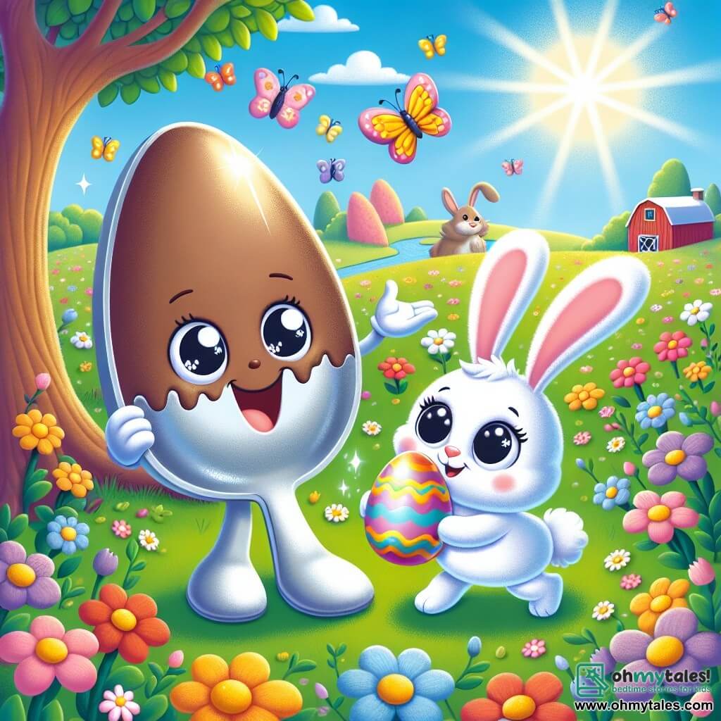 Little Spoon, an anthropomorphic little spoon with a smiling face and sparkling eyes, is joyfully jumping in a sunny field, holding a large colorful Easter egg in its arms. Next to him, Bunny, an adorable rabbit with big ears and soft fur, gazes at the egg in wonder, his eyes shining with curiosity. The field is filled with multicolored flowers, with butterflies fluttering around and a bright blue sky in the background. In the distance, an old barn can be seen where Moo the cow, a red and white cow, peacefully stands, watching the two friends with a kind smile. The scene shows Little Spoon and Bunny discovering a large chocolate bunny hidden under a tree, their faces beaming with joy and excitement, ready to share this delicious Easter surprise.
