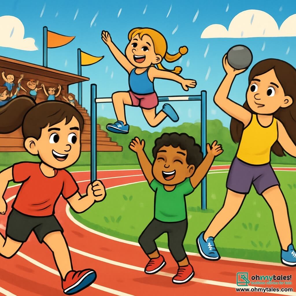 There are 4 children: Emma, a 12-year-old girl with brown hair in a ponytail, wearing a red t-shirt and black shorts, running on the track with a determined and smiling face; Sophie, a 12-year-old girl with blonde hair in braids, dressed in a blue tank top and pink shorts, preparing to jump over the high jump bar, focused and energetic; Mia, a petite 12-year-old girl with short curly hair, wearing a green t-shirt and black leggings, warming up by jumping in place with a big smile; and Lily, the tallest in the group, with long straight hair, wearing a yellow tank top and purple shorts, focusing on her shot put throw. The scene takes place on a sunny sports field with a bright red track surrounded by greenery. Wooden bleachers are filled with enthusiastic spectators, and colorful flags flutter in the wind. The sky is blue with a few white clouds, and raindrops begin to fall, creating an exciting atmosphere. The main situation shows the four girls in competition, ready to give their best during the relay race. Emma is in the lead, running at full speed, while Sophie prepares to jump, Mia warms up, and Lily focuses on her throw. The energy is palpable, and the team spirit shines through their smiles and determination.