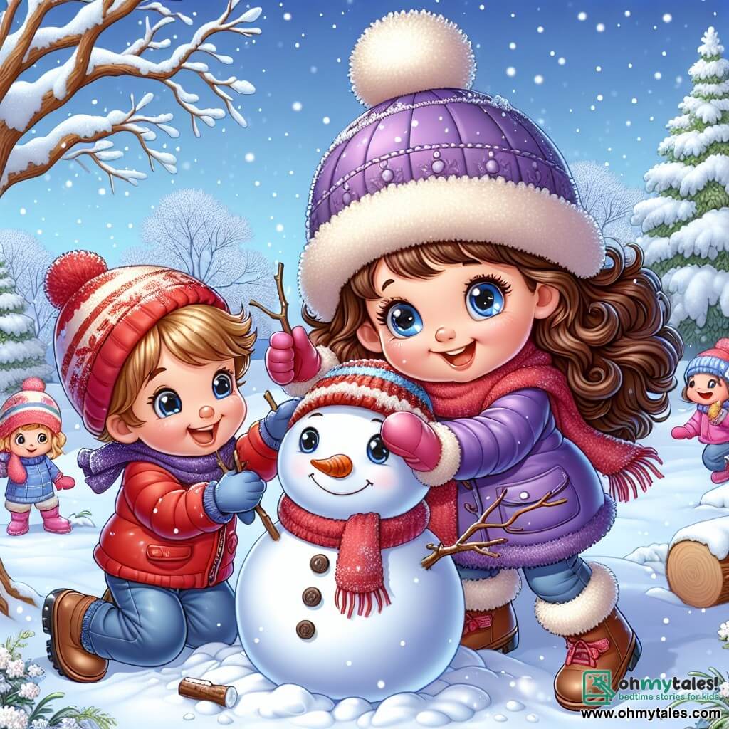 A 7-year-old girl named Lily, with long curly chocolate-colored hair and sparkling eyes, joyfully smiles as she builds a snowman in her garden. She wears a purple snowsuit, wool gloves, and a hat with a pom-pom, her cheeks rosy from the cold and excitement. Next to her, her 5-year-old little brother Max, with a mischievous grin, wears a bright red jacket and snow boots. He is looking for branches to make the snowman's arms, standing close to Lily, his eyes shining with enthusiasm. The garden is transformed into a magical winter landscape, with snowflakes gently falling, majestic trees covered in snow, and a clear blue sky contrasting with the bright white ground. The main scene shows Lily and Max in action, laughing and having fun shaping the snowman, surrounded by the peaceful beauty of winter, capturing the joy and wonder of this snowy day.
