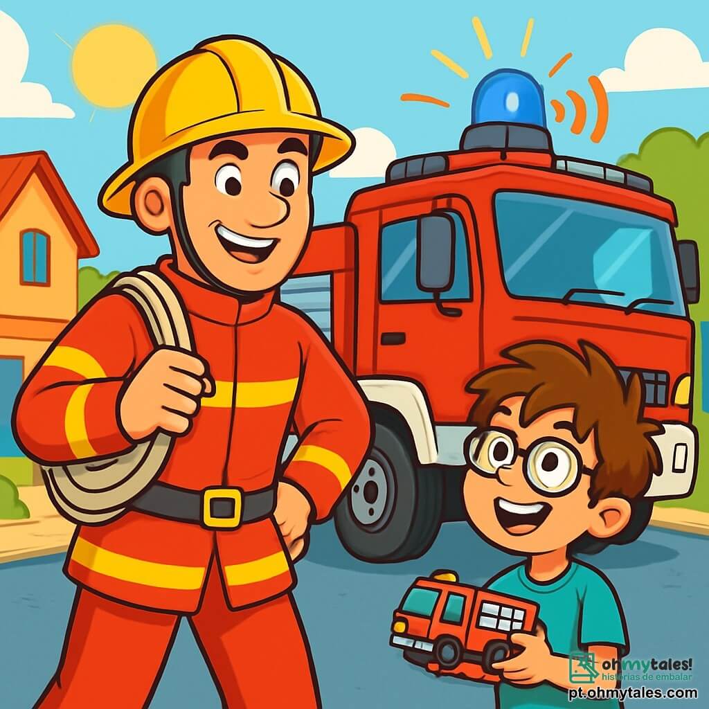 Um bombeiro, Lucas, sorridente e determinado, veste um uniforme vermelho brilhante e um capacete amarelo. Seus olhos brilham de empolgação enquanto está diante de um grande caminhão de bombeiros, pronto para atender a uma emergência. Ao seu lado, um garoto de 10 anos, Rafael, com cabelo castanho bagunçado e óculos, observa Lucas com admiração, segurando um pequeno brinquedo de caminhão de bombeiros. O local é um bairro animado da cidade, com casas coloridas e árvores verdes, sob um céu azul claro. Ao fundo, o caminhão de bombeiros está estacionado, suas luzes piscando e uma sirene soando, criando uma atmosfera de emergência. Lucas está prestes a pular no caminhão, enquanto Rafael o incentiva entusiasticamente, ansioso para ver seu herói em ação.