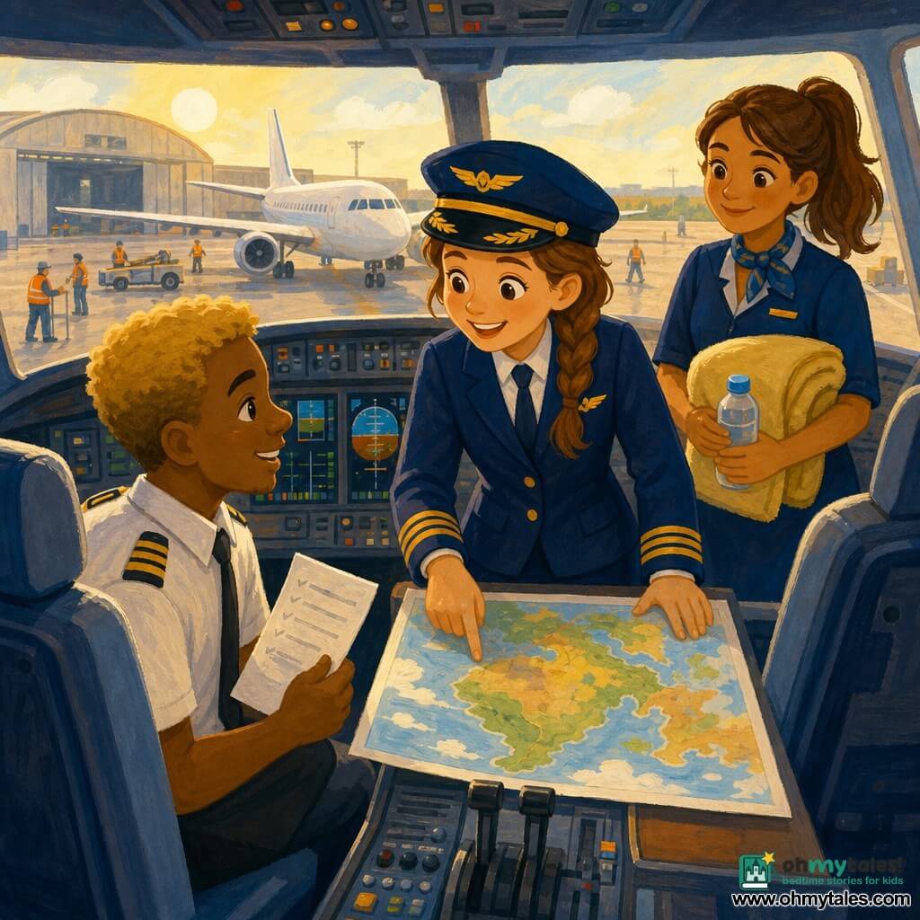 Captain Maya, a smiling reassuring female pilot with braided brown hair under a blue pilot cap and bright eyes, stands in the cockpit pointing at a large colorful chart on the navigation table; Sam, the co-pilot (about 30) with short dark-blond hair, sits left in the co-pilot seat holding a white checklist and repeating words with Maya; Jo, the flight attendant (about 28) with chestnut hair in a ponytail and a gentle smile, stands behind the cabin seats holding a small blanket and a water bottle for a child; through the cockpit window the hangar and tarmac are visible with a textured gray surface, a shiny white aircraft with wide wings and workers in orange vests in the distance; the team prepares a morning flight in soft warm light (yellow, peach, sky blue), rounded shapes, calm reassuring atmosphere.