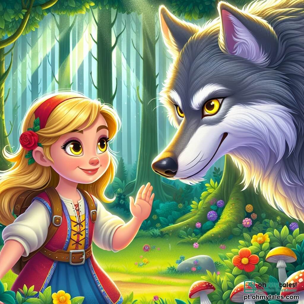 No centro da imagem, uma menina de 12 anos, Clara, enfrenta corajosamente um grande lobo. Ela tem cabelos dourados que caem em ondas ao redor de seu rosto sorridente, e seus olhos brilham com uma curiosidade vibrante. Ela usa uma túnica colorida e uma pequena mochila, olhando para o lobo com uma expressão determinada e amigável. Ao lado dela, o Grande Lobo Mau, majestoso e imponente, tem uma pelagem cinza e prateada que brilha sob os raios do sol. Seus olhos, de um amarelo penetrante, expressam sabedoria e suavidade. Ele se inclina levemente em direção a Clara, como se estivesse prestes a revelar um segredo. O cenário é uma clareira encantada no coração de uma floresta densa, onde a luz do sol filtra através das folhas verdes, criando padrões de luz e sombra no chão. Flores coloridas e cogumelos mágicos adornam o solo, acrescentando um toque de magia ao ambiente. A situação principal mostra Clara e o lobo em plena conversa, Clara levantando uma mão com confiança, como se estivesse fazendo uma pergunta importante, enquanto o lobo a escuta atentamente, pronto para compartilhar sua história.