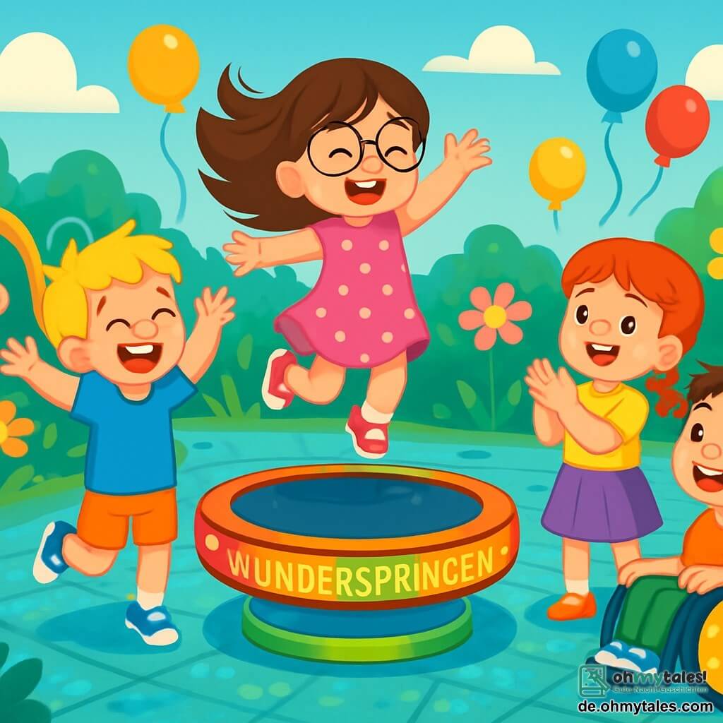 Es gibt 4 Kinder: - Mia: ein 5-jähriges Mädchen mit langen braunen Haaren und runden Brillen. Sie trägt ein rosa gepunktetes Kleid und lächelt fröhlich, bereit, auf das Wunderspringen zu springen. - Tom: ein 5-jähriger Junge mit zerzausten blonden Haaren und einem blauen T-Shirt. Er lacht mit erhobenen Armen neben Mia, bereit, ihr nachzuspringen. - Lara: ein 5-jähriges Mädchen mit roten geflochtenen Haaren und einem lila Rock. Sie steht etwas weiter hinten und klatscht begeistert in die Hände, während sie auf den Sprung ihrer Freunde wartet. - Ben: ein 5-jähriger Junge mit braunen Haaren und einem breiten Lächeln. Er sitzt in seinem Rollstuhl, der glänzt, und schaut bewundernd zu seinen Freunden, bereit, sich ihnen anzuschließen. Die Hauptsituation spielt in einem futuristischen Park in Glitzerhausen, der mit leuchtenden Blumen und bunten Spielen gefüllt ist. Der Boden ist mit funkelnden Platten bedeckt, die in Blau- und Grüntönen schimmern. Im Zentrum des Parks steht das Wunderspringen, ein großes, kreisförmiges Gerät in leuchtenden Farben, umgeben von blinkenden Lichtern und schwebenden Ballons. Die Hauptsituation der Geschichte zeigt die Kinder, die Spaß auf dem Wunderspringen haben. Mia springt hoch in die Luft, ihre Haare wehen um sie herum, während Tom auf seinen Turn wartet, die Arme erhoben, bereit, loszuspringen. Lara applaudiert begeistert, und Ben lächelt in seinem Rollstuhl, während er zuschaut. Die Atmosphäre ist fröhlich und voller Energie, mit Lachen, das in der Luft hallt.