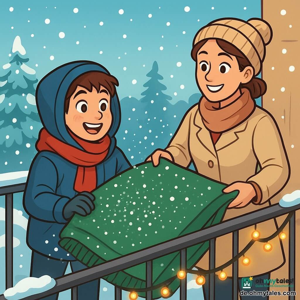 Ein 10-jähriger Junge, Jonas, mit rosigen Wangen und neugierigen Augen steht auf einem verschneiten Balkon. Er trägt eine dicke blaue Jacke, einen roten Schal und eine große Kapuze, die sein lächelndes Gesicht umrahmt. Er schüttelt einen schweren Teppich, während glitzernde Schneeflocken um ihn herumwirbeln. Neben ihm ermutigt seine Mutter, eine Frau in ihren Dreißigern mit braunen, zu einem Dutt gebundenen Haaren und einem warmen Lächeln, ihn, während sie einen anderen Teppich hält. Sie trägt einen beigen Mantel und eine gestrickte Mütze, die der Szene eine sanfte Note verleiht. Der Balkon ist mit Lichtern geschmückt, die im Morgenlicht leuchten, umgeben von sanft fallenden Schneeflocken. Im Hintergrund stehen schneebedeckte Bäume unter einem klaren blauen Himmel. Die Hauptsituation zeigt Jonas und seine Mutter, die fröhlich zusammenarbeiten, um den Balkon zu reinigen, und eine festliche, warme Atmosphäre voller Lachen und winterlicher Magie schaffen.