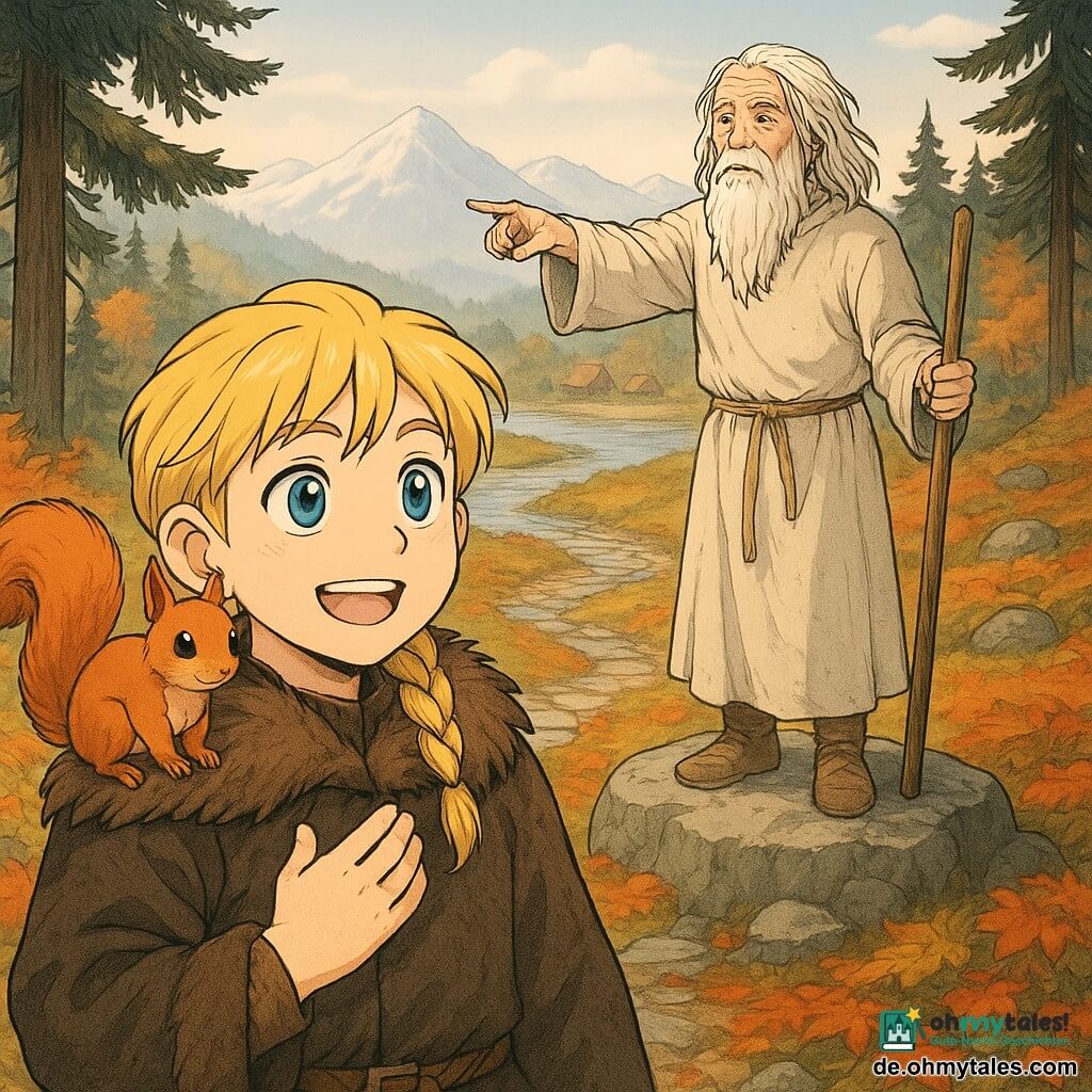 Ein etwa 18-jähriger Junge namens Erik schaut staunend zum Horizont, rundes lächelndes Gesicht, leuchtend blaue Augen, blond geflochtene Haare, dunkle Wolltunika und Pelzmantel, Hand aufs Herz; ein etwa 70-jähriger alter Mann mit langem weißem Bart und wirrem Haar, einfache Leinenrobe und Holzstab, steht auf einem hohen Stein, spricht leise zu Erik und zeigt auf einen kleinen Steig; ein roter Eichhörnchen namens Nils sitzt mit schelmischem Blick und buschigem Schwanz auf Eriks rechter Schulter; Ort: Hügel aus glatten Grausteinen am Ufer eines silbernen Flusses, dunkle Kiefern, rotes und goldenes Laub, leichter Nebel, schneebedeckte Berge in der Ferne und einige Holzhäuser im Tal; Stimmung: heller Morgen, Erik hört aufmerksam dem alten Mann zu, sanft-magische Atmosphäre, warme Farben, nordisch-vikingischer Stil mit Fell- und Holzdetails.