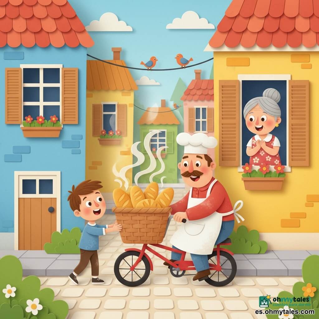 Pedro, el panadero Pedro, sonriente, de rostro redondo y bigote fino, con delantal blanco ligeramente polvoreado de harina, pedalea una pequeña bicicleta roja y lleva una gran cesta de mimbre llena de panecillos dorados que despiden vapor; un niño de unos 6 años, pelo corto castaño, ojos abiertos y la boca sorprendida, desde la acera extiende la mano hacia la cesta; una mujer de unos 60 años, cabello gris recogido en moño y vestido floreado, sonriente y con las manos juntas, lo mira desde una ventana abierta; lugar: una calle de barrio colorida al amanecer con casas bajas pintadas de amarillo, azul y verde, contraventanas de madera, macetas en los alféizares, adoquines claros y algunos pájaros en los cables; situación: Pedro detiene su bicicleta frente a la casa y ofrece una bolsita con pan caliente al niño mientras la mujer aplaude; estilo visual: formas sencillas, colores vivos y contrastados, texturas de papel, sombras suaves, contornos nítidos y ambiente cálido y acogedor.
