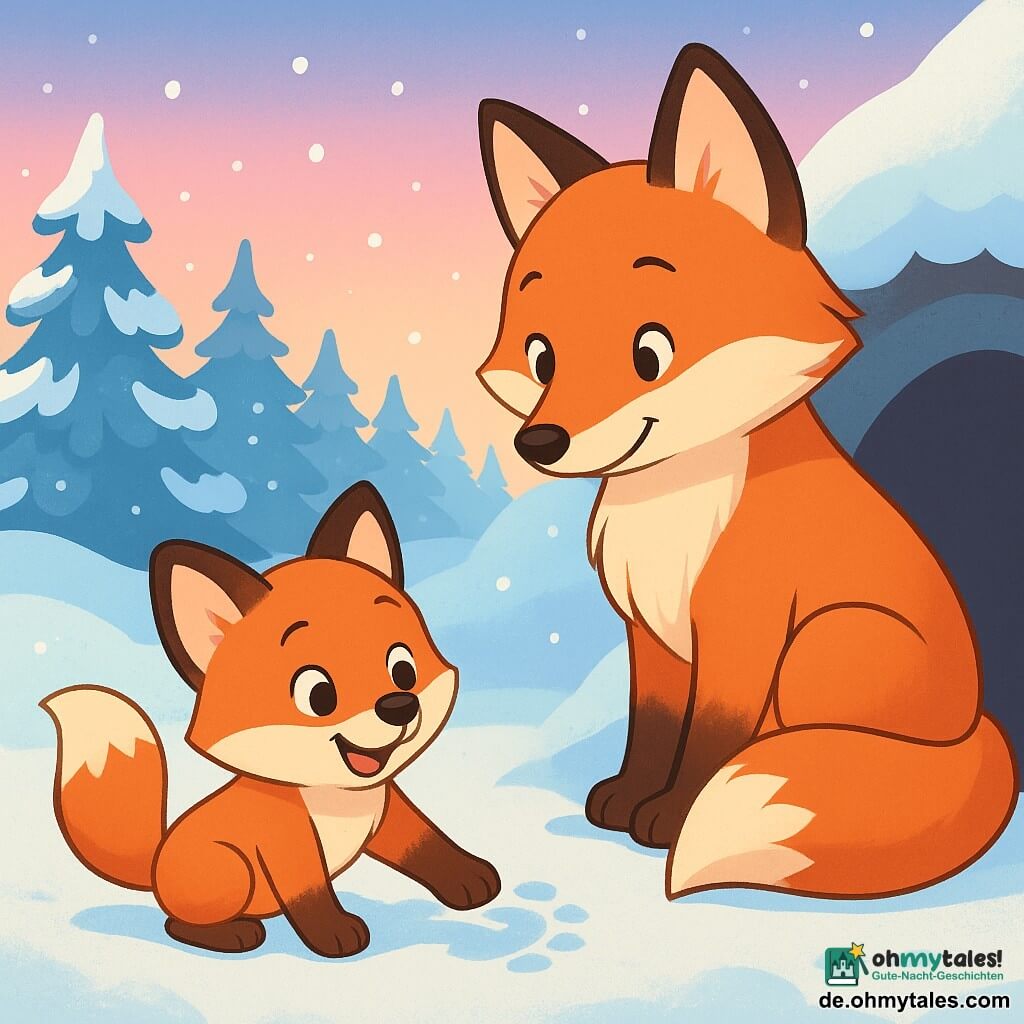 Ein kleiner Fuchs namens Fino mit leuchtend rotem Fell und neugierigen Augen steht im frischen Schnee, sein Gesicht strahlt Freude und Staunen aus. Er taucht seine Pfote in den Schneeteppich und hinterlässt einen zarten Abdruck. Neben ihm beobachtet seine Mama, eine sanfte und seidige Füchsin mit einem wohlwollenden und schützenden Ausdruck, ihn mit einem liebevollen Lächeln. Sie ist leicht nach vorne geneigt, bereit ihm zu helfen, und steht nahe dem Eingang ihres kleinen Baues, umgeben von fallenden Schneeflocken. Die Kulisse ist eine wunderschöne Winterlandschaft: majestätische Bäume, bedeckt mit funkelndem Schnee, umgeben sie, während der Himmel in rosa und blauen Nuancen gefärbt ist, die die Dämmerung ankündigen. Die Hauptszene zeigt Fino, der begeistert von der Schönheit des Winters fröhlich im Schnee spielt, während seine Mama liebevoll auf ihn achtet und eine warme und sichere Atmosphäre in der Kälte schafft.