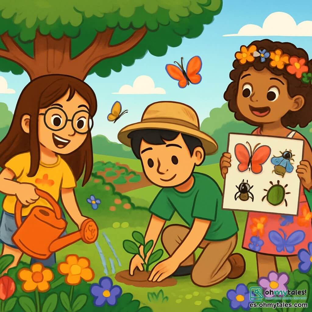 Hay 3 personajes: - Lucía: Una niña de 10 años, con cabello largo y castaño y gafas redondas. Lleva una camiseta amarilla con un diseño de flor y un short de mezclilla. Está sosteniendo un regador, sonriendo alegremente. - Miguel: Un niño de 11 años, con cabello corto y negro, que lleva un sombrero de paja. Está vestido con una camiseta verde y pantalones beiges. Está agachado, plantando una pequeña flor en el jardín. - Sofía: Una niña de 9 años, con cabello rizado y una corona de flores en la cabeza. Lleva un vestido colorido con patrones de mariposas. Está de pie, sosteniendo un cartel con dibujos de insectos, y mira a sus amigos con entusiasmo. El lugar es un jardín exuberante, lleno de flores brillantes de todos los colores: rosas, amarillas, violetas y azules. Mariposas vuelan alrededor de las plantas, y un viejo árbol majestuoso se alza en el centro, ofreciendo sombra. Al fondo, se puede ver un pequeño huerto con verduras bien alineadas. La situación principal muestra a los tres amigos trabajando juntos para crear un espacio especial para las abejas. Lucía riega las flores, Miguel planta una nueva planta, y Sofía presenta su cartel, explicando la importancia de los insectos. El ambiente es alegre y lleno de vida, con rayos de sol iluminando el jardín.