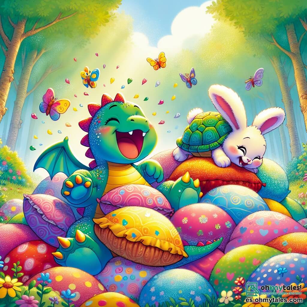 Un pequeño dragón colorido llamado Lúculo, con escamas brillantes de todos los colores del arcoíris, ríe a carcajadas, con las alas desplegadas, mientras está atrapado en una montaña de suaves y esponjosas almohadas multicolores. A su lado, Tilly, una tortuga sonriente con un bonito caparazón verde y ojos chispeantes, lo ayuda a liberarse empujando con sus pequeñas patas. Rufi, un adorable conejo de grandes orejas blancas, ríe mientras intenta liberarse de un montón de cojines, mientras que Nini, una pequeña ardilla traviesa con una cola esponjosa, se divierte saltando en los cojines, estallando en risas. El escenario es un claro encantado del bosque, lleno de flores coloridas y rayos de sol filtrándose a través de los árboles, creando una atmósfera alegre y mágica. La escena muestra un momento hilarante donde los amigos están todos atrapados en los cojines, riendo juntos de sus desventuras.