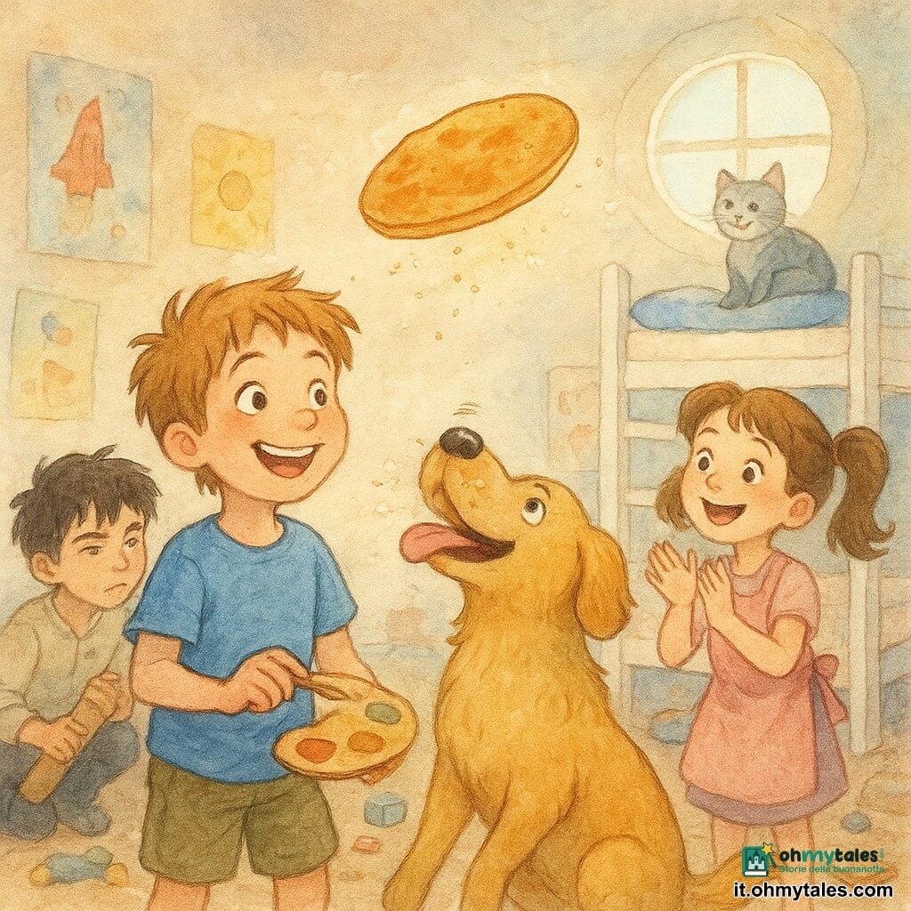 Un ragazzo di 10 anni, gioioso e birichino, capelli castano chiaro arruffati, occhi ridenti, maglietta blu e pantaloncini kaki, tiene una piccola paletta di legno e guarda il pancake volante; una bambina di 7 anni, curiosa ed eccitata, capelli castani in due codine, con un grembiule rosa, sta sul letto a castello in alto a destra applaudendo; un ragazzo di 12 anni, concentrato e inventivo, capelli neri un po' lunghi, camicia vecchia macchiata di farina, è accovacciato vicino a un lanciatore di cartone con nastro adesivo a sinistra del ragazzo principale; un cane di taglia media, pelo dorato e occhi dolci, è sorpreso e riceve il pancake sul muso, lingua fuori e orecchie in allerta, al centro‑avanti; un gatto grigio, divertito, osserva sullo sfondo su una pila di cuscini; la scena si svolge in una cameretta disordinata con letto a castello in legno bianco, poster colorati, giocattoli sparsi e una finestra rotonda che lascia entrare una luce mattutina soffusa; situazione principale: piccolo pancake in volo sopra il cane, scoppi di farina e briciole nell'aria, espressioni esagerate e gioiose, atmosfera giocosa e calda; stile: acquerello granuloso, colori pastello caldi, tratti morbidi, texture della carta visibile e schizzi di pittura.