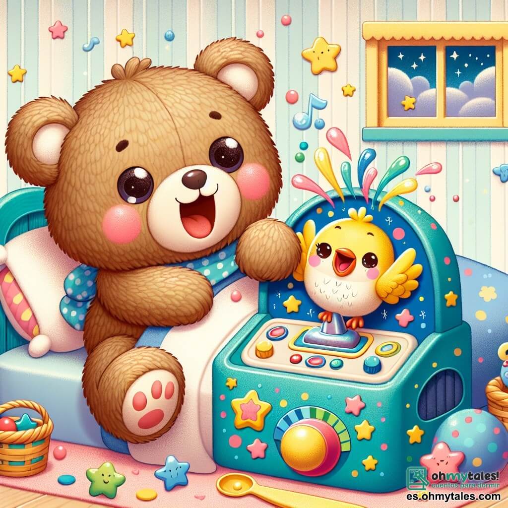 Un adorable oso de peluche de pelaje marrón y suave, con grandes ojos redondos y brillantes, está acostado en su cama, sonriendo ampliamente mientras ríe a carcajadas jugando con una máquina de reír colorida a su lado. Un pequeño pájaro de plumas amarillas y azules, con un pico afilado y ojos chispeantes, está posado en el borde de la cama, bailando alegremente con las alas desplegadas y riendo junto a su amigo el oso. La escena tiene lugar en una habitación cálida y acogedora, decorada con paredes en tonos pastel, estrellas y nubes dibujadas, una cama acogedora cubierta de mantas coloridas y juguetes esparcidos por el suelo. El oso y el pájaro se divierten juntos, presionando el botón de la máquina de reír, que hace estallar burbujas brillantes y confeti, creando una atmósfera alegre y mágica, perfecta para una historia divertida antes de dormir.