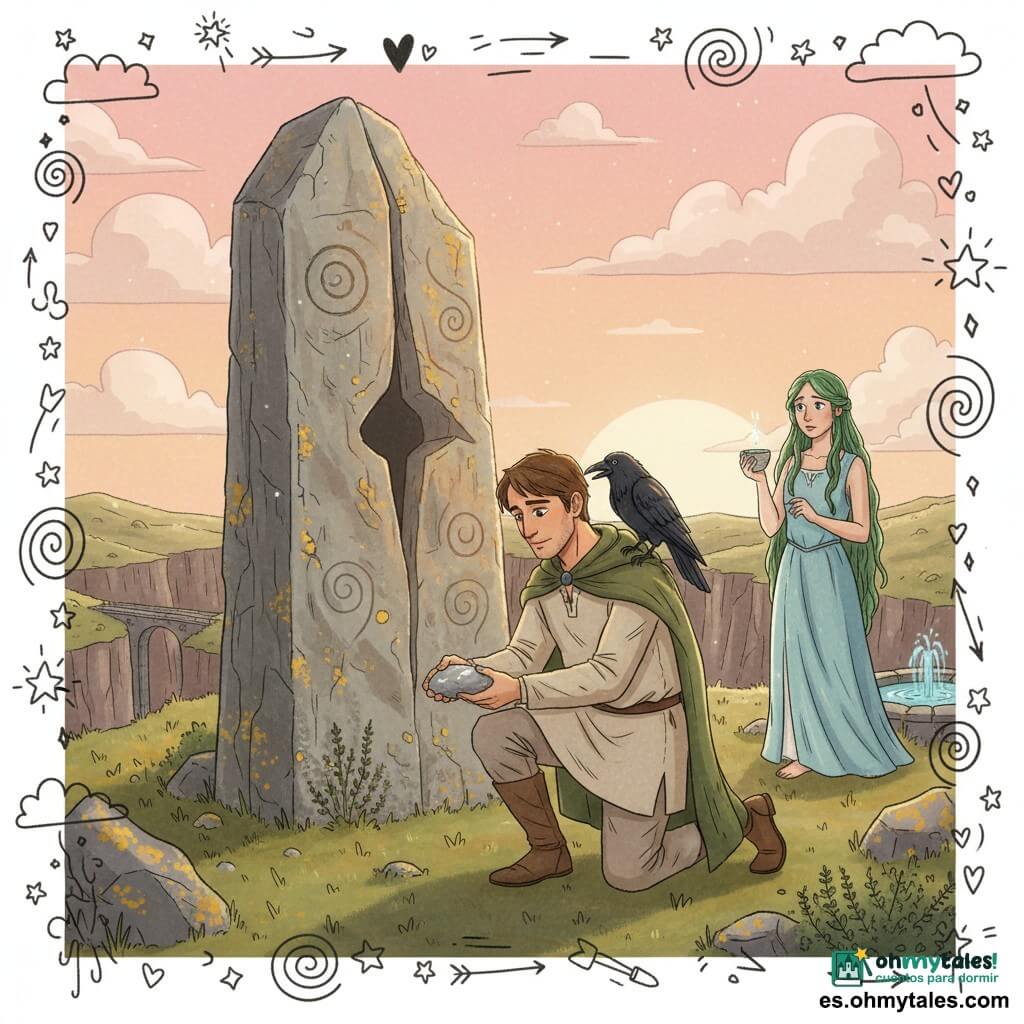Aristeo, hombre de rostro sereno y manos callosas, cabello corto castaño, arrodillado mientras coloca con respeto una pequeña piedra gris con veta blanca junto a la base de un gran menhir; a su lado, la ninfa Calíope, joven de piel nacarada y largos cabellos verdes semejantes a algas, sostiene una copa de agua en la fuente cercana y contempla la escena con preocupación benevolente; un cuervo negro llamado Menas picotea un trozo de pan en su hombro; el menhir, monolito rugoso con grabados de espirales y una grieta vertical que aparenta una “boca”, recibe la luz cálida del crepúsculo en una colina con líquenes y tomillo, al fondo un barranco y un puente de piedra; escena centrada, solemne y mítica, paleta suave y textura de dibujo con pequeños garabatos superpuestos.