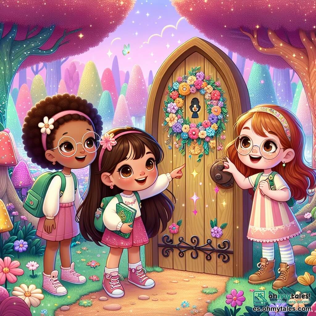 Tres pequeñas aventureras están en el centro de un claro mágico. Lucía, una niña de 8 años con largos cabellos castaños y ojos brillantes, mira con asombro una pequeña puerta de madera decorada con flores coloridas. A su derecha, Marta, una niña de 7 años con cabello rubio y gafas redondas, toma notas en un pequeño cuaderno mientras sonríe, llena de curiosidad. A la izquierda, Ana, una niña de 9 años con trenzas pelirrojas y pecas, señala la puerta, emocionada por el descubrimiento. El lugar es un hermoso Bosque de las Maravillas, lleno de árboles de troncos multicolores y flores brillantes. El cielo es de un rosa pastel, salpicado de nubes en forma de caramelos, y una suave melodía flota en el aire, creando una atmósfera mágica. Las tres amigas se preparan para abrir la puerta mágica que las llevará a una aventura increíble, donde descubrirán un mundo lleno de misterios y magia.