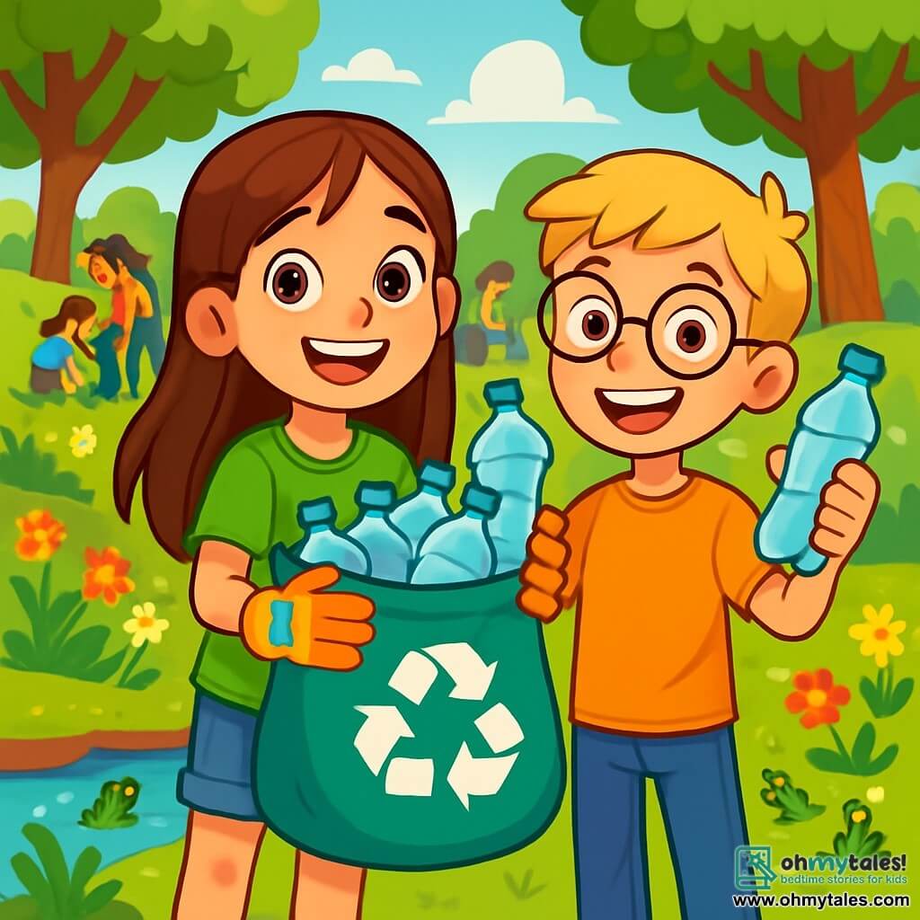 A 10-year-old girl named Lily, with long brown hair and sparkling curious eyes, joyfully smiles while holding a large recycling bag filled with plastic bottles. She wears a bright green t-shirt and denim shorts, with colorful gardening gloves. Next to her is her friend Max, a 10-year-old boy with blonde hair and round glasses, encouraging her with a big smile while holding a plastic bottle he just picked up. Their environment is a sunny park filled with colorful flowers, majestic trees, and a sparkling stream where a few frogs can be seen jumping happily. In the background, families and children are busy picking up litter, creating an atmosphere of camaraderie and joy. The main scene shows Lily and Max in action, enthusiastic and determined as they clean the park together, surrounded by laughter and bright colors, symbolizing the importance of caring for nature.