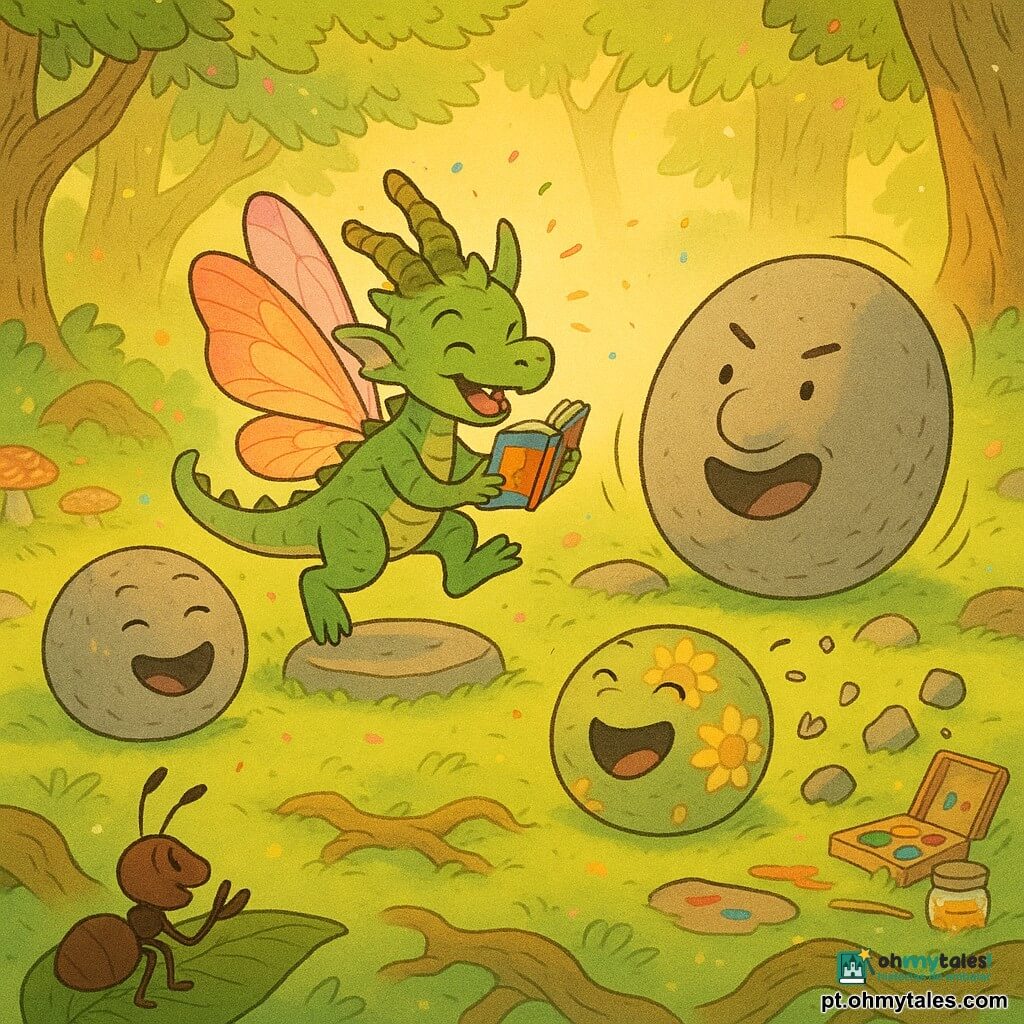 Folhico, um minúsculo dragão do tamanho de um esquilo, com asas finas de borboleta e chifres cobertos de musgo, sorridente e travesso, segura um pequeno livro colorido e conta uma história saltando sobre uma pedra; Cascudão, uma grande pedra oval de rosto carrancudo com leve sorriso, rola devagar para a direita, surpreso e divertido; Pedra‑Girassol, uma pedra redonda com padrões florais amarelos, ri e salta perto de Folhico; Pedra‑Borrachenta, pedra plana e flexível, sorri elasticamente e começa a rachar em pedacinhos que caem rindo; Rita, a formiga minúscula e atenta, está numa folha em primeiro plano, antenas erguidas, aplaudindo; a clareira do Bosque dos Sussurros tem musgo verde, cogumelos coloridos, raízes retorcidas, raios de sol dourados e pétalas e pós coloridos no ar; ao lado há um kit de pintura de pétalas e pote de pólen com manchas de tinta viva nas pedras; cena principal: Folhico improvisa uma história alegre e teatral no centro de um círculo de pedras que riem, algumas rolando, numa atmosfera luminosa, calorosa e movimentada.