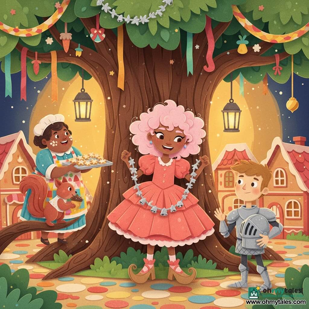 A smiling, mischievous princess with spun-sugar colored hair in thick curls, wearing a coral ruffled dress and squeaky shoes, delicately holds a small silver necklace of tiny bells and leaves while standing center stage; Sir Whisk, a very short young knight (about 20–25) in simplified shining armor, stands to her right holding his helmet, ready to applaud; Madame Fizz, a round-faced baker in her 40s with flour-dusted cheeks and a colorful apron, offers a tray of glittering cookies from the left in the near background; a squirrel in a tiny vest jumps on a low branch to the princess’s left holding a shiny acorn; the setting is the Ancient Garland Tree, a large textured-trunk tree draped with colorful ribbon garlands and paper decorations, with gingerbread houses, hanging lanterns and a sweet-paved mosaic on the ground; the scene shows the princess gently unfurling the silver garland necklace before gathered villagers as golden evening light and falling sugar sparkles create a warm, festive, wondrous atmosphere.
