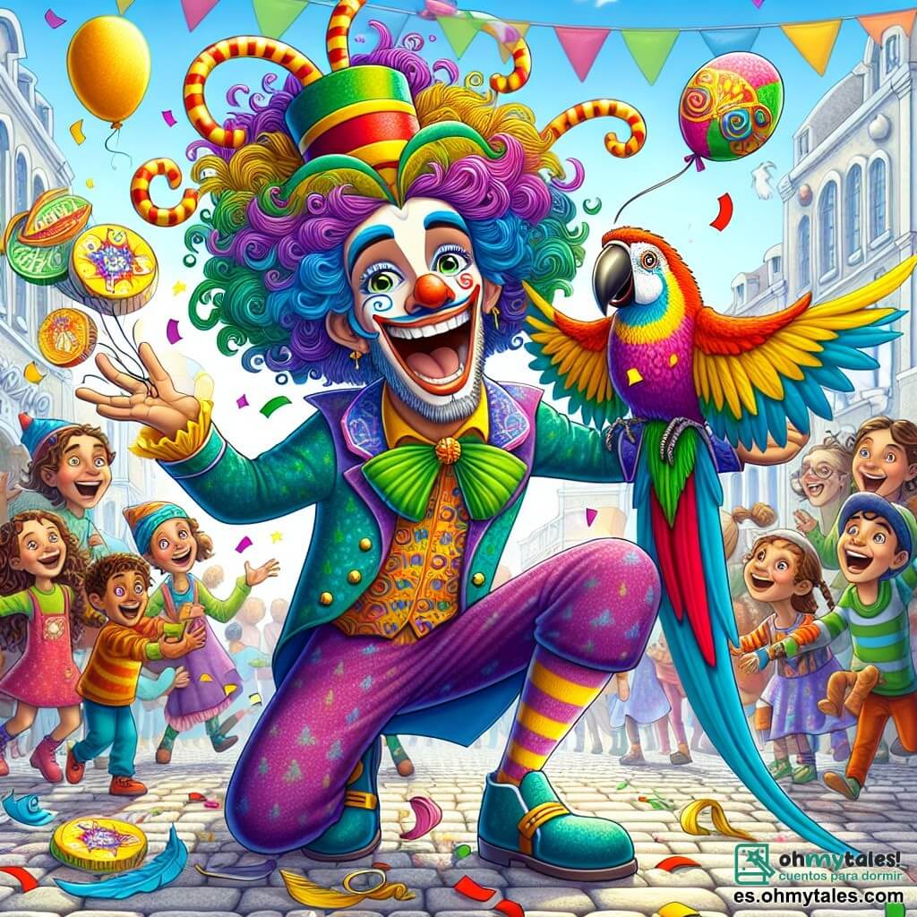 En el centro de la imagen, Ruperto, un hombre de cabello rizado y colorido, lleva un traje multicolor adornado con un gran símbolo de galleta en el pecho. Muestra una amplia sonrisa, con los ojos brillando de emoción, mientras hace mimos cómicos para hacer reír a la multitud a su alrededor. A su derecha, Pipo, un loro de plumas brillantes, está posado en su hombro, con un aire travieso, cantando una melodía pegajosa. Al fondo, niños de todas las edades, algunos de 8 a 10 años, ríen a carcajadas mientras otros intentan atrapar galletas voladoras que Ruperto ha lanzado al aire. El lugar es una gran plaza animada de Superpoderópolis, rodeada de edificios coloridos, con globos flotantes y decoraciones festivas, creando un ambiente alegre y festivo. La escena principal muestra a Ruperto, el héroe cómico, entreteniendo a la multitud con sus divertidos gags, transformando un momento ordinario en una celebración llena de risas y alegría.