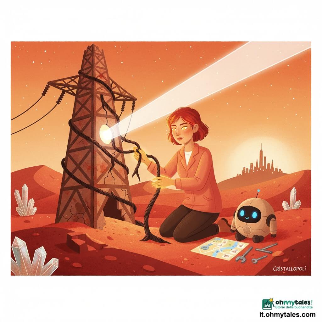 Solara, determinata e dolce, inginocchiata davanti a una vecchia torre elettrica rotta, mani nude che emanano luce dorata, giacca color dell'alba, capelli corti rossi, occhi luminosi come lampadine, sguardo concentrato e benevolo. Accanto a destra il piccolo robot Lumo, a forma di peluche rotondo con occhi LED blu, proietta una mappa luminosa e strumenti argentati, ronzando dolcemente. La torre crepata è coperta di sabbia rossa e radici minerali scure avvolte come corde; una fessura mostra un nucleo luminoso addormentato. Intorno, il deserto rosso con dune mattone e carminio e cristalli scintillanti, cielo crepuscolare arancione con prime stelle. Solara riconnette la torre tenendo le radici con delicatezza; queste si ritirano come tende e un raggio chiaro sale verso il cielo, risvegliando in lontananza la città di Cristallopoli.