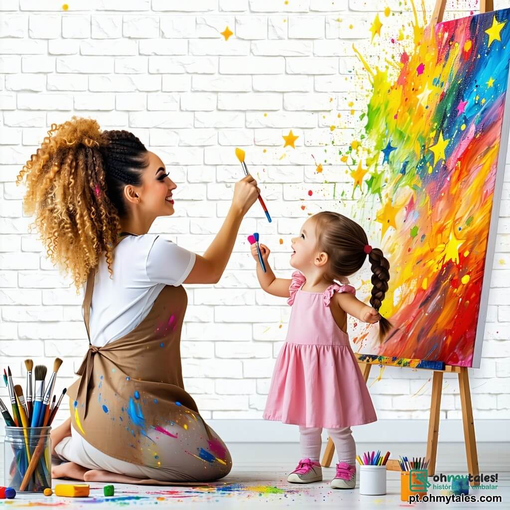 Clara, uma mulher de cabelos cacheados e dourados, irradia alegria enquanto pinta um grande mural colorido em uma parede de tijolos brancos. Ela usa um avental manchado de tinta, com os olhos brilhando de criatividade e entusiasmo. Ao lado dela, Ana, uma menina de 7 anos com tranças e um vestido rosa, observa com admiração as estrelas que acabou de pintar, suas bochechas coradas de excitação. Um pouco mais longe, Leo, um garoto de 8 anos com cabelos castanhos bagunçados, segura um pincel e adiciona planetas coloridos, um sorriso largo iluminando seu rosto. O local é uma charmosa praça central, cercada por árvores verdes e bancos de madeira, com flores multicoloridas ao redor. O céu é azul e ensolarado, criando uma atmosfera alegre e inspiradora. A cena principal mostra Clara e as crianças em plena criação, cercados por potes de tinta vibrantes, rindo e compartilhando seus sonhos enquanto transformam a parede em uma obra de arte coletiva, simbolizando a unidade e a magia da imaginação.