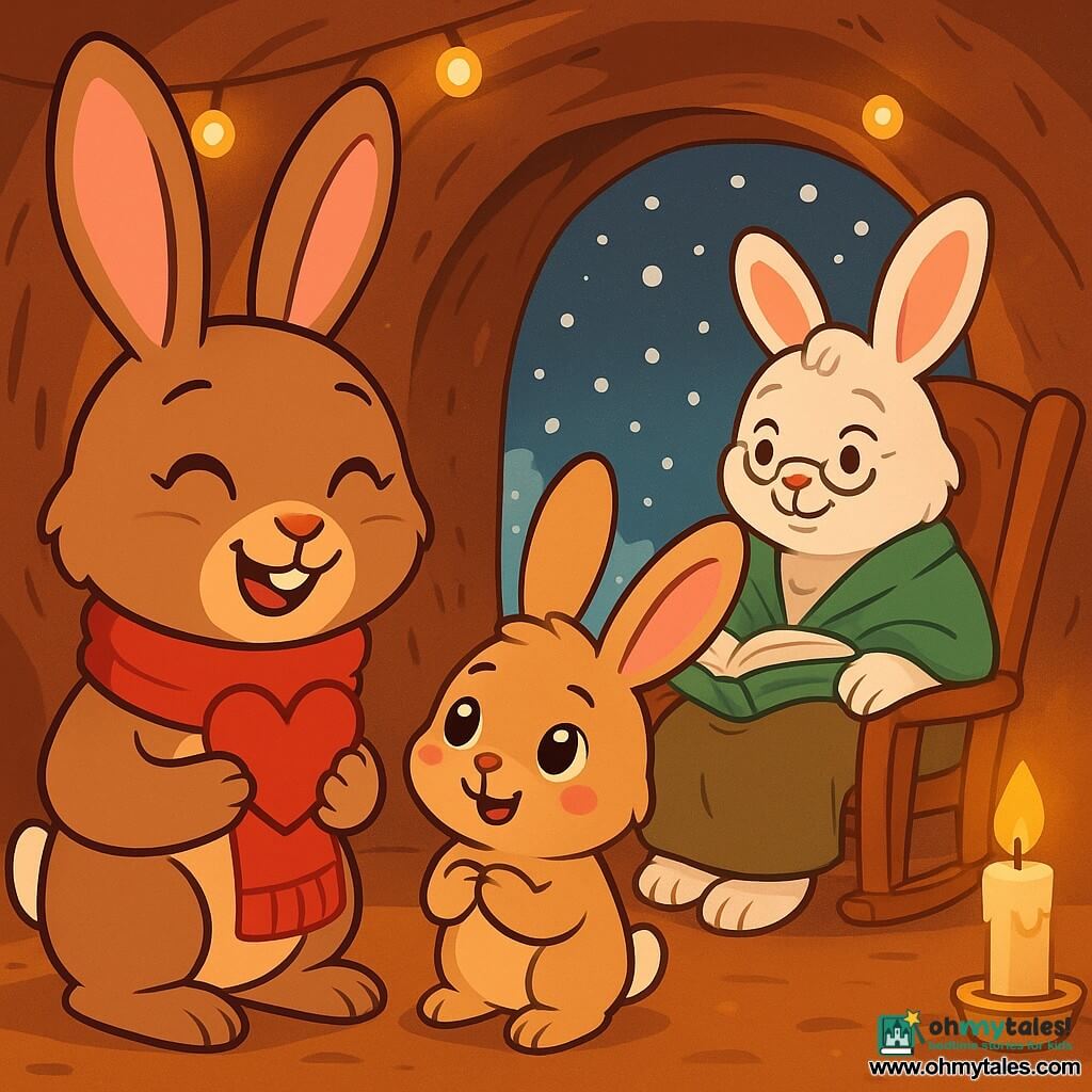 In the center of the image, Hazel, a little rabbit with big ears, is full of excitement and joy. Her fur is soft and brown, and she wears a red scarf around her neck. She holds a small red paper heart in her paws, her smile lighting up her face. Next to her, Nib, her little brother, is a young rabbit with bright eyes and rosy cheeks. He looks at Hazel with admiration, his small paws pressed against his belly, full of enthusiasm. In the background, Grandma Willow, an old rabbit with snow-white fur, sits in a wooden chair with an open book on her lap. She smiles tenderly, her eyes sparkling with wisdom and warmth. The setting is a cozy burrow, with earthen walls and golden lights twinkling, creating a warm atmosphere. Snowflakes gently fall outside, while soft candlelight illuminates the scene. The main situation shows Hazel and Nib, surrounded by warmth and light, sharing a magical Christmas moment, ready to listen to their grandmother's story, with the red paper heart symbolizing hope and joy for this special night.