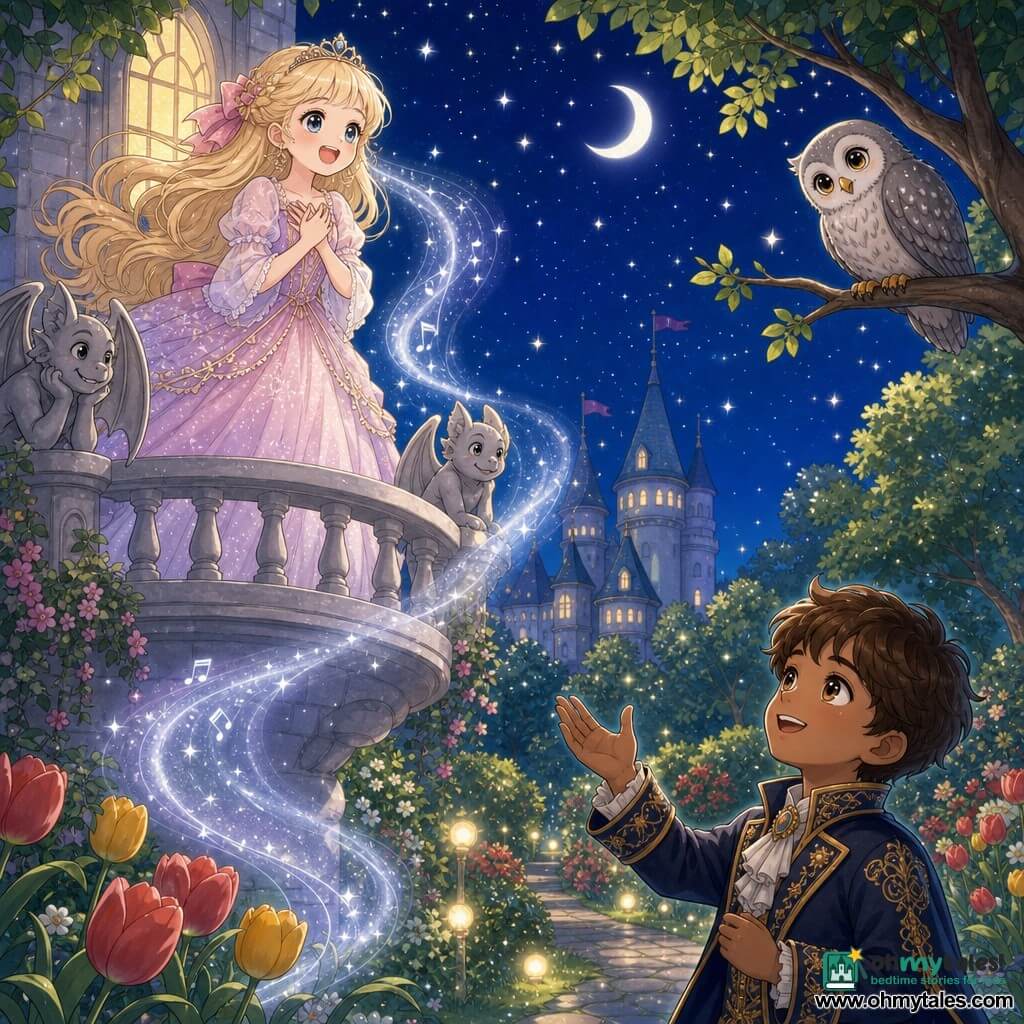 Around 10-year-old princess with a round gentle face and long blonde hair tied with a pink ribbon, wearing a floating pastel dress, stands on a pale stone balcony singing with hands to her heart as a silver ribbon of light flows from her mouth toward the garden; a tender 12-year-old prince with short brown hair and a navy coat embroidered in gold stands below, admiring her with one hand raised as if to applaud; a wise gray-and-white spotted owl perches on a nearby branch tilting its head; surrounding castle garden of green lawns, red and yellow tulips, glowing-leaf trees and moonlit stone paths, gentle gargoyle-adorned balcony, starry night and soft silver mist, cute simple manga style, pastel palette emphasizing the connection between princess and prince.