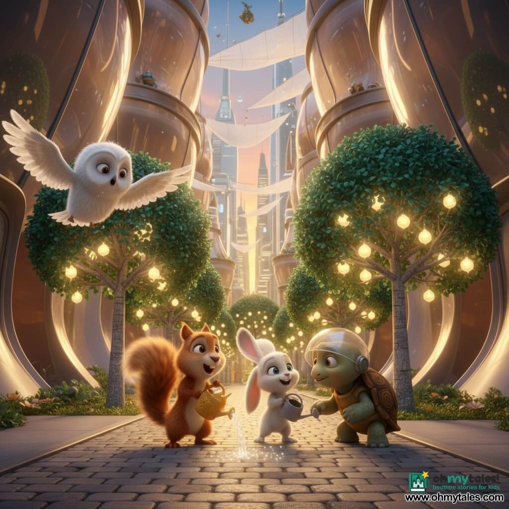 Milo, a curious red-furred squirrel with a fluffy tail, smiles as he pours sparkling water from a sun-shaped watering can at the base of a glowing tree; Lila, a small white rabbit with large ears, sings beside him holding another can; Mr. Jasper, an elderly turtle with a shiny helmet, crouches by a row of trees touching a silver leaf, and Mrs. Finch, a white-feathered owl, stands at the alley entrance with half-open wings. Setting: a narrow cobbled alley between two futuristic glass towers with smooth curved walls, silver tiled ground, translucent solar sails and distant skyscrapers. Visuals: silver-barked trees with emerald leaves bearing small golden bulb fruits, warm golden light and water droplets sparkling like stars. Main scene: the children discover a secret glowing alley and water the plants, activating a soft protective glow that lights the lane. Style: soft colorful 3D render with plush animal textures, glossy glass reflections and a warm twilight atmosphere.