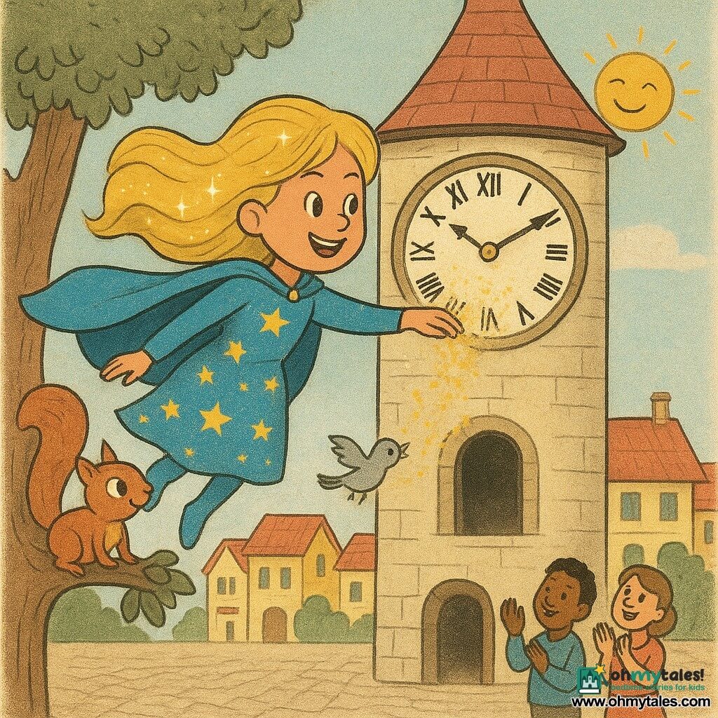 A smiling, determined superheroine named Twinkle with sparkling blond hair, a flowing blue cape and a star-speckled dress flies leaning toward a large stone clock tower, sprinkling golden stardust with her right hand as she restarts the clock and frees a small gray male bird from an open square door behind the clock; a mischievous red-furred male squirrel named Pip perches on a branch left of the tower wagging his tail, the black clock faces with gold hands begin to move amid swirling stardust while colorful houses with red roofs and a cobbled square frame the scene in daylight with a clear blue sky, a smiling sun and neighbors applauding in the background.