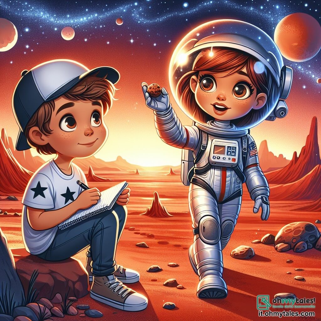 In primo piano, una donna astronauta, Sofia, sta camminando sulla superficie rossa di Marte, con un grande sorriso di meraviglia sul volto. Indossa una tuta spaziale bianca e argentata, con un casco trasparente che riflette il paesaggio marziano. I suoi capelli castani sono legati in una coda di cavallo e i suoi occhi brillano di eccitazione mentre tiene un campione di suolo nella mano. Accanto a lei, un ragazzo di nome Luca, di circa 10 anni, la guarda con ammirazione. Ha i capelli castani disordinati e indossa un cappellino da baseball e una maglietta con delle stelle. Sta prendendo appunti in un piccolo quaderno, seduto su una pietra, con gli occhi fissi su Sofia, affascinato dalla sua avventura. Il paesaggio è spettacolare: dune di sabbia rossa si estendono a perdita d'occhio, punteggiate da rocce strane e crateri. Il cielo è di un blu profondo, costellato di stelle scintillanti e da una luce dorata, come se il sole stesse tramontando su questo pianeta lontano. La scena principale mostra Sofia e Luca che scoprono insieme le meraviglie di Marte, con Sofia che spiega a Luca i segreti del pianeta rosso, mentre entrambi si meravigliano della bellezza dell'universo che li circonda.