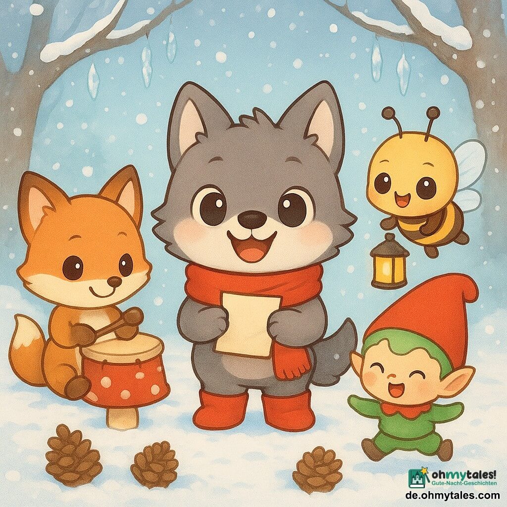 Wolli, der kleine Wolf, steht im Mittelpunkt des Bildes mit einem breiten Lächeln und neugierig funkelnden Augen. Er trägt einen warmen roten Schal und passende Stiefel und hält ein Stück Papier in einer Pfote. Rechts von ihm fliegt Hanni, die kleine Biene, fröhlich mit großen, leuchtenden Augen und einer kleinen Laterne. Links von Wolli spielt Fips der Fuchs mit einem schelmischen Blick auf einem Pilz Trommel. Der Schalkobold, eine kleine grüne Figur mit einer großen roten Mütze, hüpft voller Enthusiasmus in einem Kreis aus Kiefernzapfen. Die Szene spielt sich in einer verschneiten Lichtung ab, erleuchtet von Eiskristallgirlanden, die an den Ästen der Bäume hängen. Die Atmosphäre ist festlich und magisch, mit sanft fallenden, funkelnden Schneeflocken um die Figuren herum.