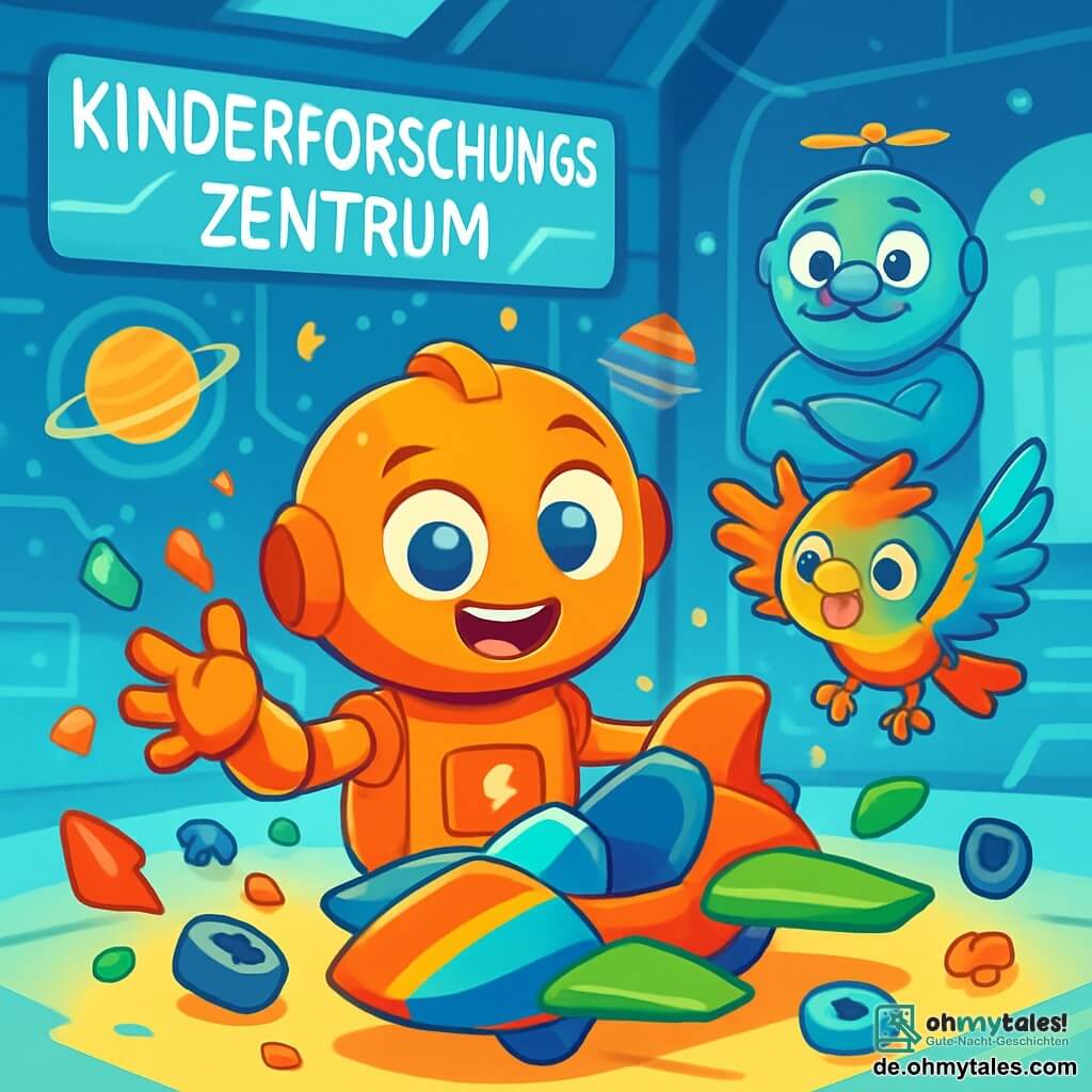 Zipp, ein kleiner orangefarbener Roboter mit funkelnden blauen Augen, steht im Mittelpunkt des Bildes und zeigt einen Ausdruck von Freude und Neugier. Er baut einen Flitz-Gleiter und ist von bunten Teilen umgeben, die um ihn herum schweben. Neben ihm schwirrt Pixel, ein kleiner Drohnenvogel mit bunten Federn, fröhlich in der Luft und ermutigt seinen Freund mit einem begeisterten Lächeln. Im Hintergrund beobachtet Professor Bingel, ein runder Roboter mit einem Propeller auf dem Kopf und einem freundlichen Gesicht, stolz mit verschränkten Armen aus einer Ecke des Labors. Der Ort ist das „Kinderforschungszentrum“, ein futuristischer Raum voller leuchtender Glaswände, schwebender Plattformen und funkelnder Maschinen. Hologramme von Planeten und Sternen tanzen um sie herum und schaffen eine magische, dynamische Atmosphäre. Die Hauptsituation zeigt Zipp inmitten eines Wirbelsturms aus Farben und Energie, während er versucht, seinen entkommenen Flitz-Gleiter zu reparieren, während Pixel und Professor Bingel ihn bei diesem technologischen Abenteuer anfeuern.
