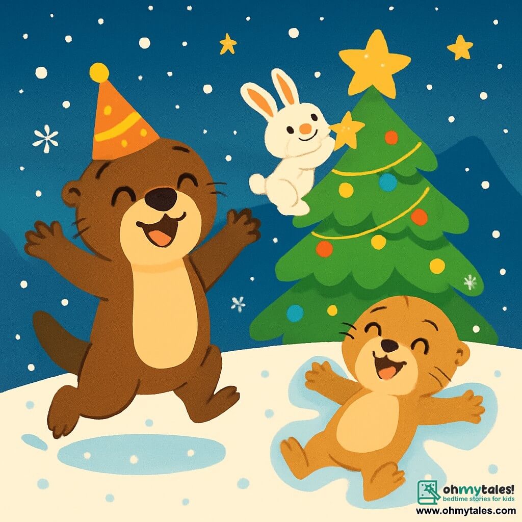 A little otter named Oliver, with soft brown fur, wears a sparkling party hat and has a big joyful smile on his face. He jumps in the snow, surrounded by gently falling flakes. Next to him, his little sister Lila, a slightly lighter-furred otter with sparkling eyes, makes snow angels, laughing with happiness. In the background, Benny the rabbit, with his large ears and white fur, stands on a snow pile, holding a shiny star he just hung on a large tree decorated with colorful garlands. The setting is a beautiful wooden chalet, illuminated by twinkling lights, with snowflakes slowly falling and a starry sky in the background. The scene shows Oliver and his friends joyfully celebrating New Year's, surrounded by laughter and magic, ready for the countdown.