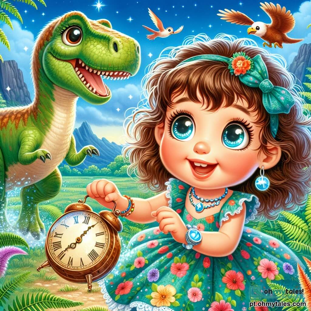 Uma menina de 4 anos, Lúcia, com grandes olhos brilhantes e cabelos cacheados castanhos, veste um vestido colorido com flores. Ela tem um sorriso encantado no rosto, segurando um velho despertador brilhante nas mãos, cercada por uma luz azulada. Ao seu lado está Dino, um dinossauro gentil e grande, com pele verde e olhos suaves, que se inclina para ela com um ar amigável, pronto para brincar. O cenário é um vasto campo pré-histórico, cheio de samambaias luxuriantes e grandes montanhas ao fundo, sob um céu azul brilhante. A cena principal mostra Lúcia e Dino correndo alegremente juntos, Lúcia rindo alto, enquanto pássaros coloridos voam ao redor, acrescentando um toque de magia a esta cena de aventura.