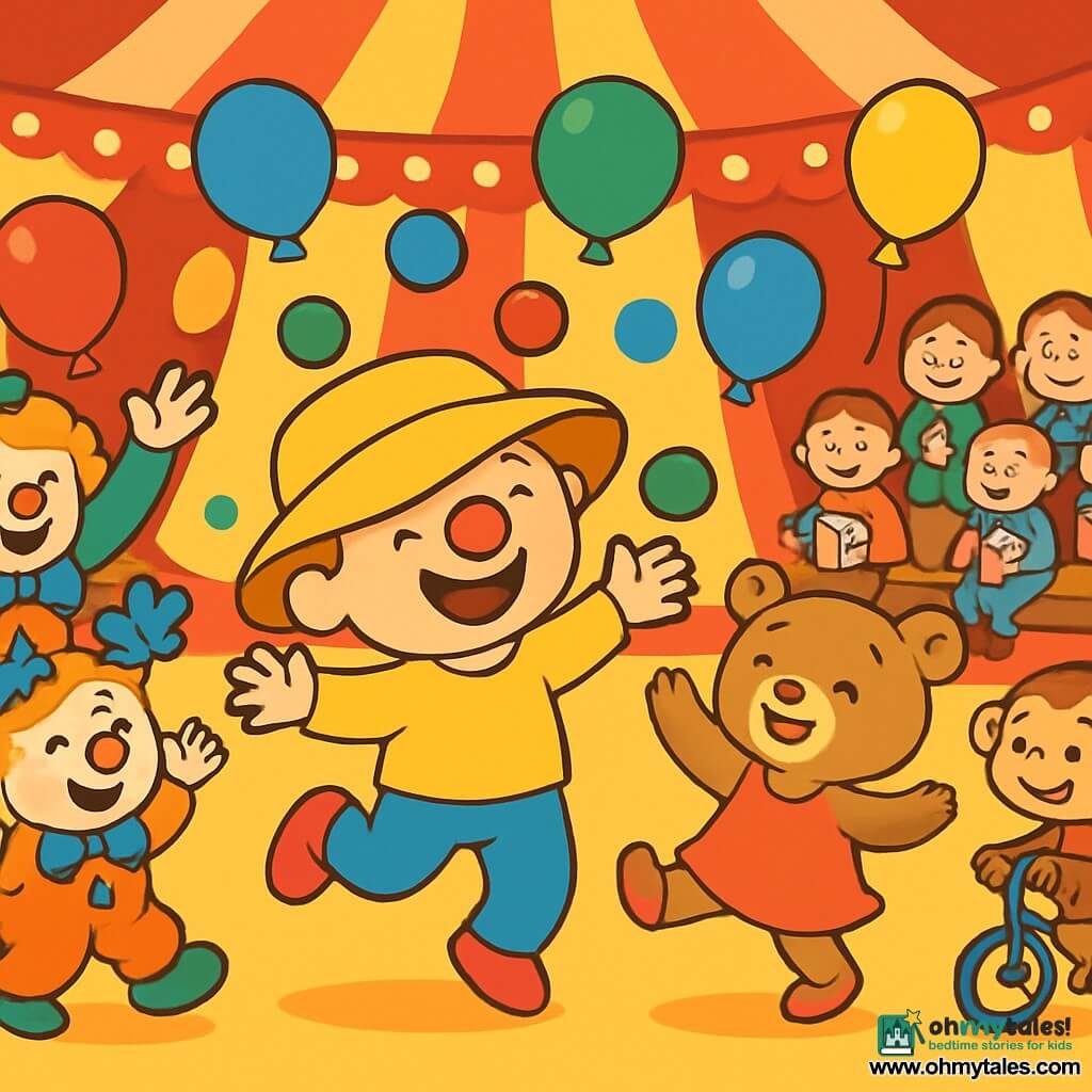 A 2-year-old boy named Bobby, with a big joyful smile and a bright red nose, is wearing a yellow hat that falls over his eyes. He is jumping for joy, surrounded by colorful balloons. Next to him, Bella, a 3-year-old teddy bear, is wearing pink shoes and dancing with her arms raised. Max, a mischievous little monkey, is on a miniature bike, looking amused and ready to take a ride. The scene is set in a large circus tent with red and white stripes, filled with twinkling lights and colorful decorations. Amazed spectators sit on wooden benches, holding popcorn bags. The main situation shows Bobby, Bella, and Max having fun together, with Bobby trying to juggle colorful balls while clowns laugh and applaud around them, creating a joyful and festive atmosphere.