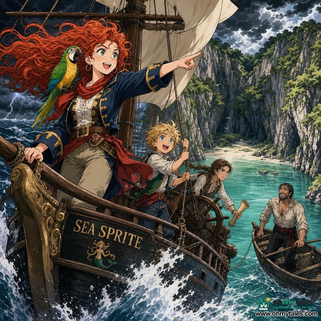Captain Clara, female 20–25 with curly red hair blowing, freckled face and bright green eyes, courageous kind expression, colorful pirate outfit (navy jacket, red scarf), standing proudly at the bow with one hand on the rail and the other pointing to the cove entrance; Finn, boy ~10, small, tousled blond hair, awed and smiling, holding a rope near the center deck by the sails; Amelia, woman ~18, fair skin, braided brown hair, focused on a rolled chart, crouched near the stern adjusting sails; Jack, man ~40 with a weathered face and soaked clothes, relieved, standing at the cove entrance in a small moored rowboat looking toward the ship; Squawk the parrot, green and yellow, perched on Clara’s shoulder with its beak open as if encouraging; Location: protected circular cove with smooth emerald water, steep mossy cliffs, dark stormy sky and swirling clouds over the rough seas outside; Main scene: the ship Sea Sprite sails from the rough sea into the calm pocket of the cove, sails full, foam splashing around the hull, strong contrast between peaceful interior and violent storm outside, dynamic heroic mood.