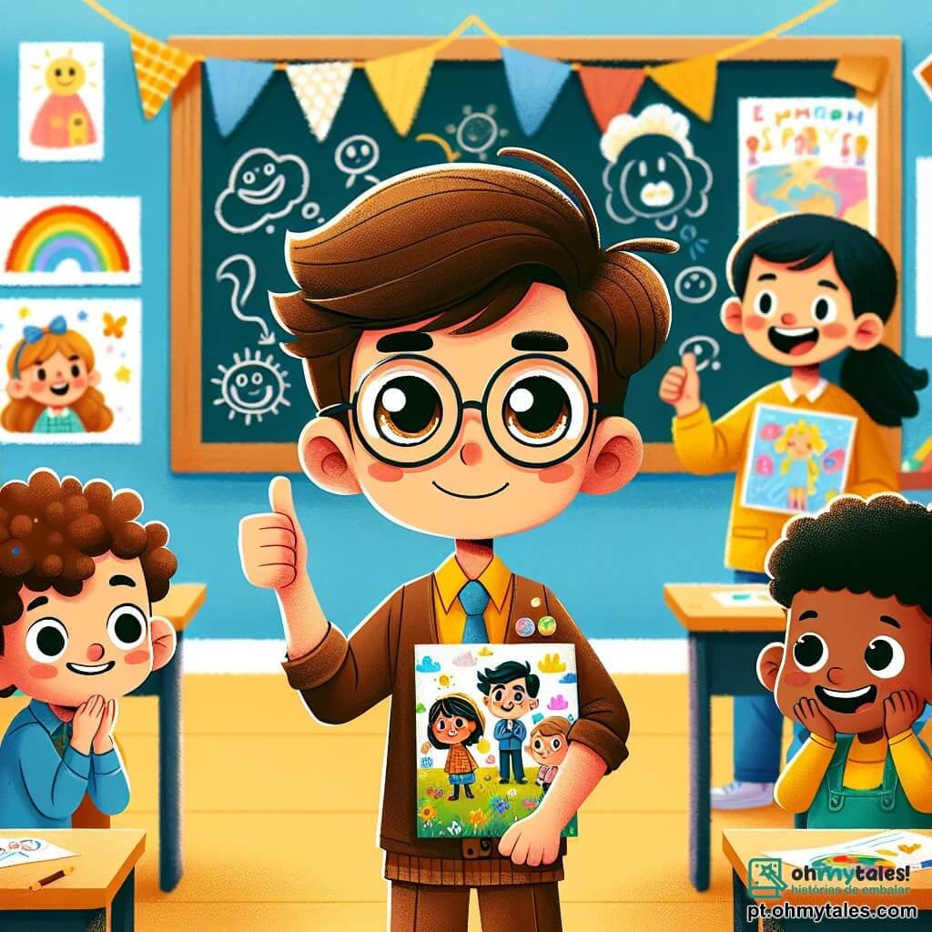 Em uma sala de aula iluminada, um menino de 10 anos, Pedro, com cabelos castanhos e olhos brilhantes, está no centro segurando um desenho colorido que representa sua família. À sua direita, Clara, uma menina de 9 anos com cabelos cacheados e um sorriso caloroso, o incentiva com um polegar para cima. À esquerda, Lucas, um menino de 10 anos com óculos redondos e uma expressão travessa, faz uma piada imitando um gesto cômico, fazendo os outros crianças rirem. Ao fundo, há um quadro negro cheio de desenhos de crianças e cartazes coloridos sobre emoções, criando uma atmosfera alegre e acolhedora. A cena principal mostra Pedro, um pouco nervoso mas determinado, compartilhando sua experiência sobre a separação dos pais com seus amigos, que o escutam atentamente, ilustrando a importância da amizade e do apoio em momentos difíceis.
