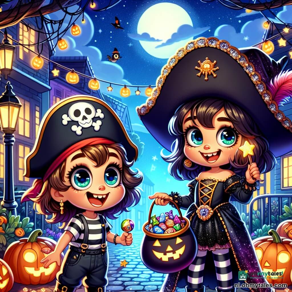 Een 8-jarig meisje, Noor, met grote glanzende ogen en een stralende glimlach, draagt een piratenkostuum met een zwart-wit gestreepte blouse, baggy broek en een piratenhoed versierd met een rode veer. Ze houdt een klein plastic zwaard vast en kijkt opgewonden naar een grote rugzak vol snoep. Naast haar staat haar beste vriendin Mila, ook 8 jaar, verkleed als een blije heks met een glinsterende zwarte jurk en een grote puntige hoed, terwijl ze een houten toverstok vasthoudt. De achtergrond is een drukke straat versierd voor Halloween, met verlichte pompoenlantaarns, spinnenwebben aan de bomen en lachende kinderen in kostuums die plezier hebben. De sterrenhemel en de oranje stralende maan voegen een magische sfeer toe aan de scène. Noor en Mila staan voor een huis versierd met griezelige decoraties, klaar om aan de deur te kloppen voor lekkernijen, hun gezichten verlicht door de opwinding en vreugde van Halloween.