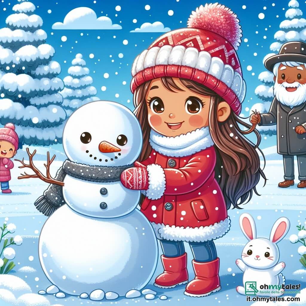 Una ragazza di 7 anni, Sofia, con lunghi capelli castani e guance rosa, indossa un cappotto rosso vivo e un berretto di lana. Ha un grande sorriso sul viso, piena di gioia ed entusiasmo, mentre rotola un grosso pupazzo di neve nel parco. Accanto a lei, un piccolo coniglietto bianco dagli occhi scintillanti, curioso e giocoso, osserva Sofia con entusiasmo. Un uomo anziano, di circa 70 anni, con barba bianca e un cappello di feltro, si tiene leggermente in disparte, sorridendo e tenendo dei rami per le braccia del pupazzo di neve. Il parco è coperto da uno spesso strato di neve scintillante, con alberi le cui branche sono cariche di neve, e un cielo blu chiaro punteggiato di nuvole bianche. In lontananza, dei bambini giocano a fare palle di neve e ridono gioiosamente. La scena principale mostra Sofia e il coniglietto intenti a costruire un pupazzo di neve, mentre l'uomo anziano li aiuta, creando un'atmosfera calda e festosa di una magica giornata invernale.