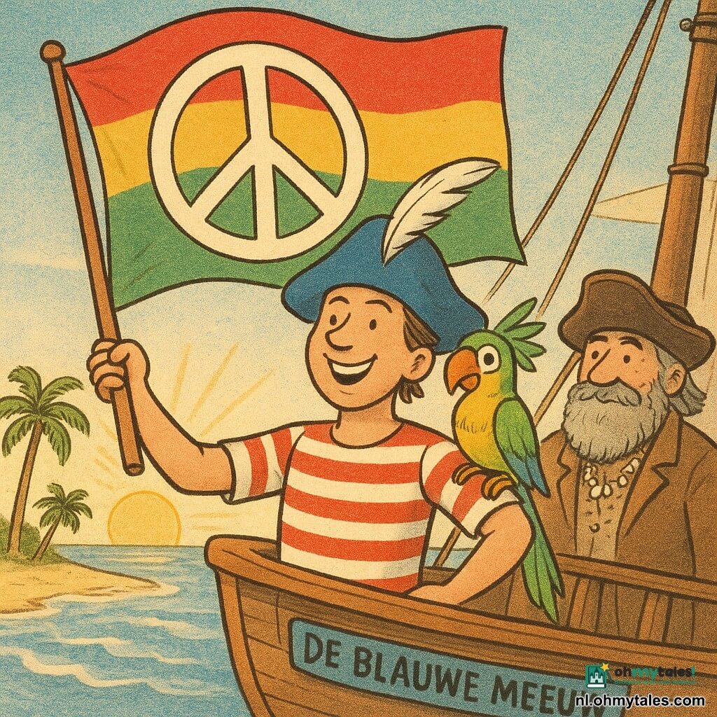 Een man, Joris de Vredespiraat, staat op het dek van zijn schip met een brede, zelfverzekerde glimlach. Hij draagt een blauwe piratenhoed met een witte veer en een rood-wit gestreept shirt. Naast hem zit een jonge papegaai, Pippa de parkiet, op zijn schouder, met felgroene en gele veren die contrasteren met de blauwe lucht. Op de achtergrond is kapitein Stip te zien, een oude man met een grijze baard vol schelpen, die de scène vriendelijk bekijkt. Het schip, De Blauwe Meeuw, ligt voor anker bij een strand met goudkleurig zand, omgeven door palmbomen en zachte golven. De hoofdscène toont Joris die trots een grote kleurrijke vredesvlag omhooghoudt, wapperend in de wind, terwijl de zon opkomt aan de horizon en de scène een gouden gloed geeft.