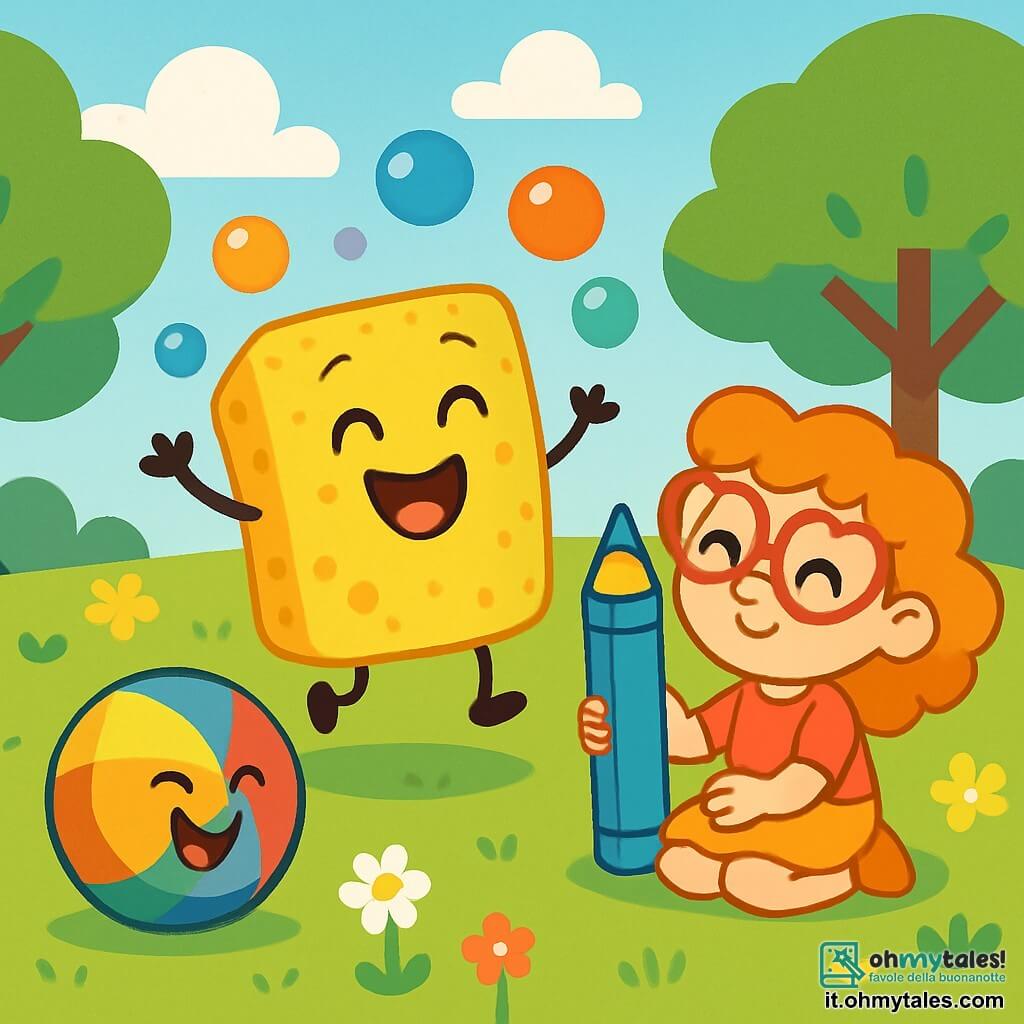 Spugnetta, una piccola spugna gioiosa con occhi scintillanti e un grande sorriso, salta di felicità al centro del parco, circondata da bolle colorate che fluttuano intorno a lei. Matitina, una bambina dai capelli ricci e con occhiali a forma di cuore, è seduta sull'erba, tenendo un grande pastello, con un'espressione concentrata e divertita, pronta a disegnare le risate dei suoi amici. Pallina, una palla rimbalzante dai colori vivaci, rotola allegramente accanto a Spugnetta, mostrando un'espressione birichina e giocosa. Il parco è pieno di fiori brillanti, alberi verdi e un cielo azzurro chiaro, creando un'atmosfera gioiosa e soleggiata. La scena principale mostra i tre amici che ridono insieme, pronti a iniziare la loro competizione di risate, con scoppi di risa che risuonano nell'aria e bolle che si alzano intorno a loro.